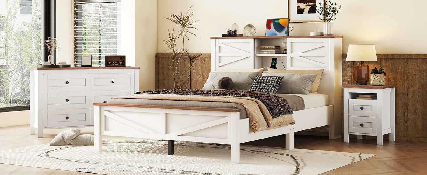 Farmhouse Chic 3-Piece Bedroom Set with Platform Bed, Dresser and Nightstand