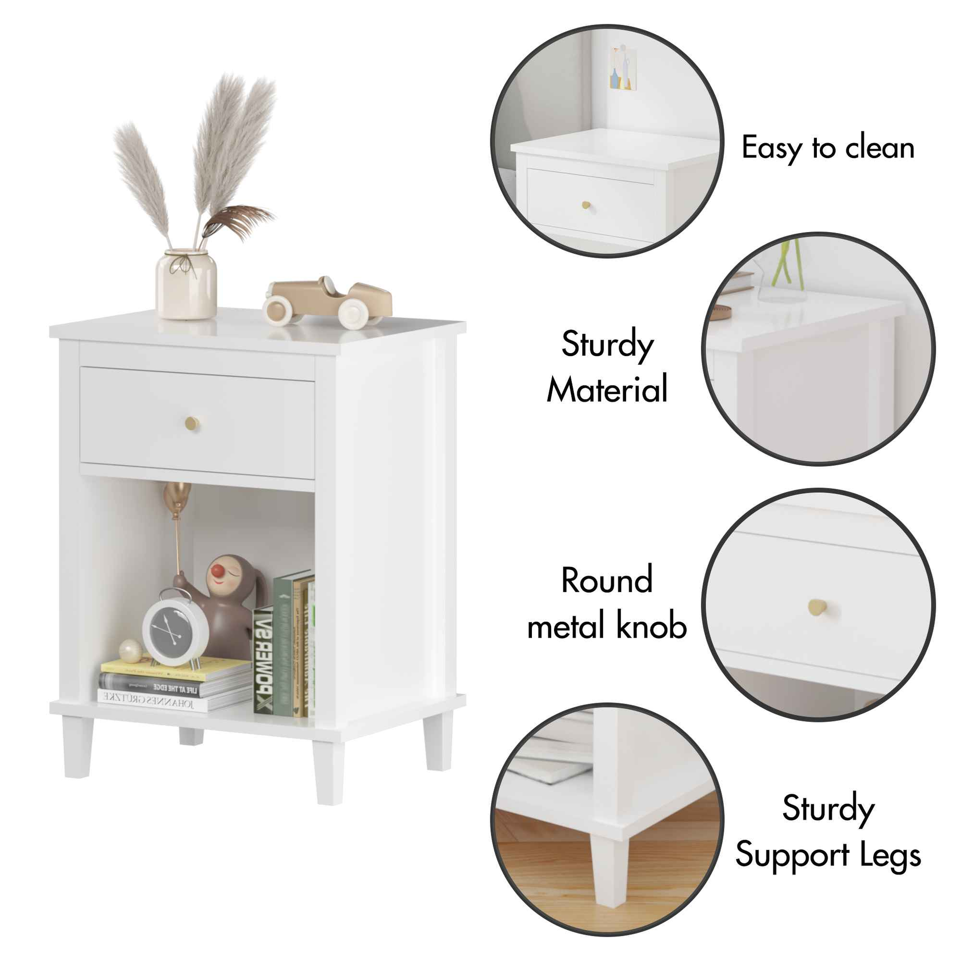 Elegant 26.77" White Wooden Nightstand with Drawer and Shelf