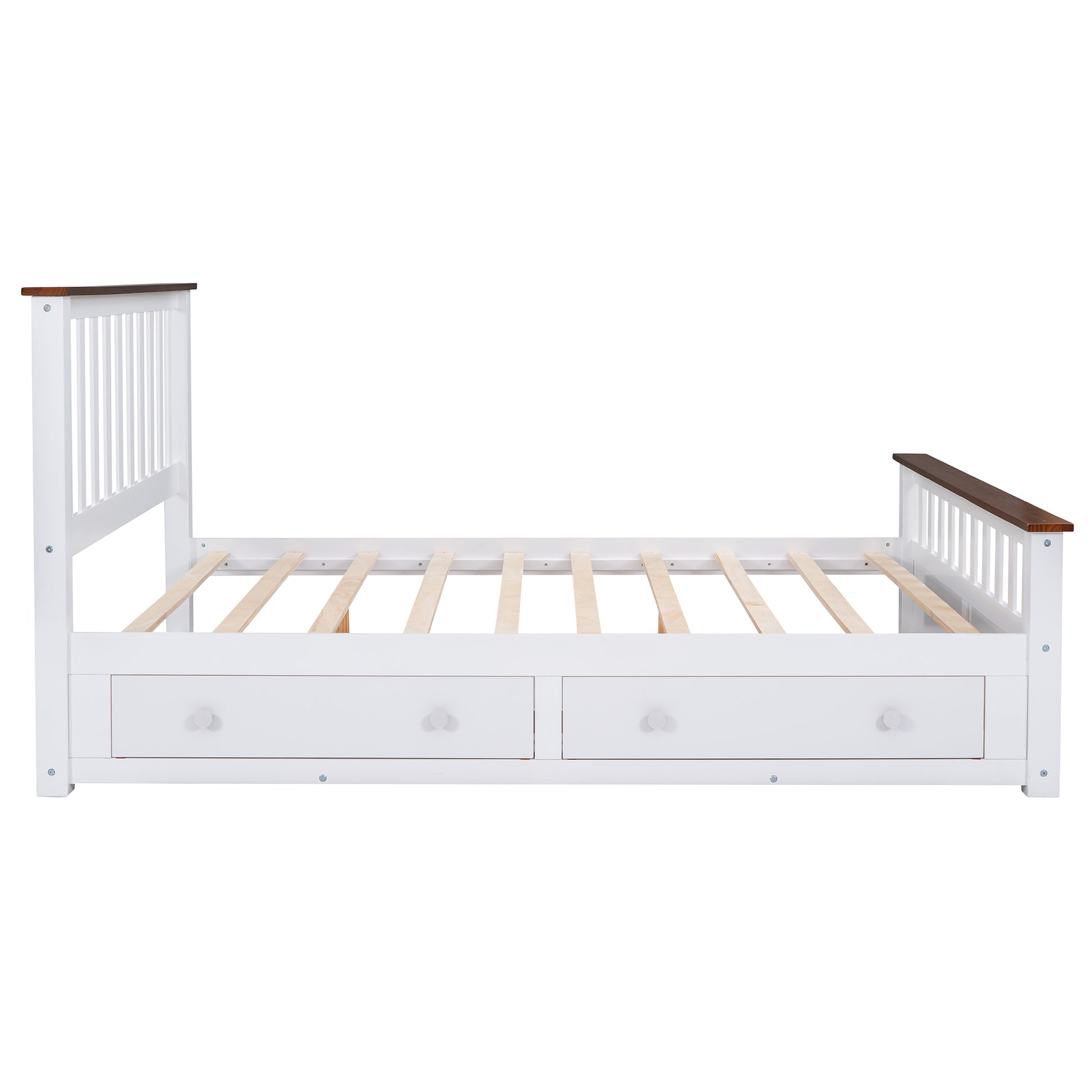 Queen Size Wood Platform Bed with Two Drawers and Wooden Slat Support, White and Walnut