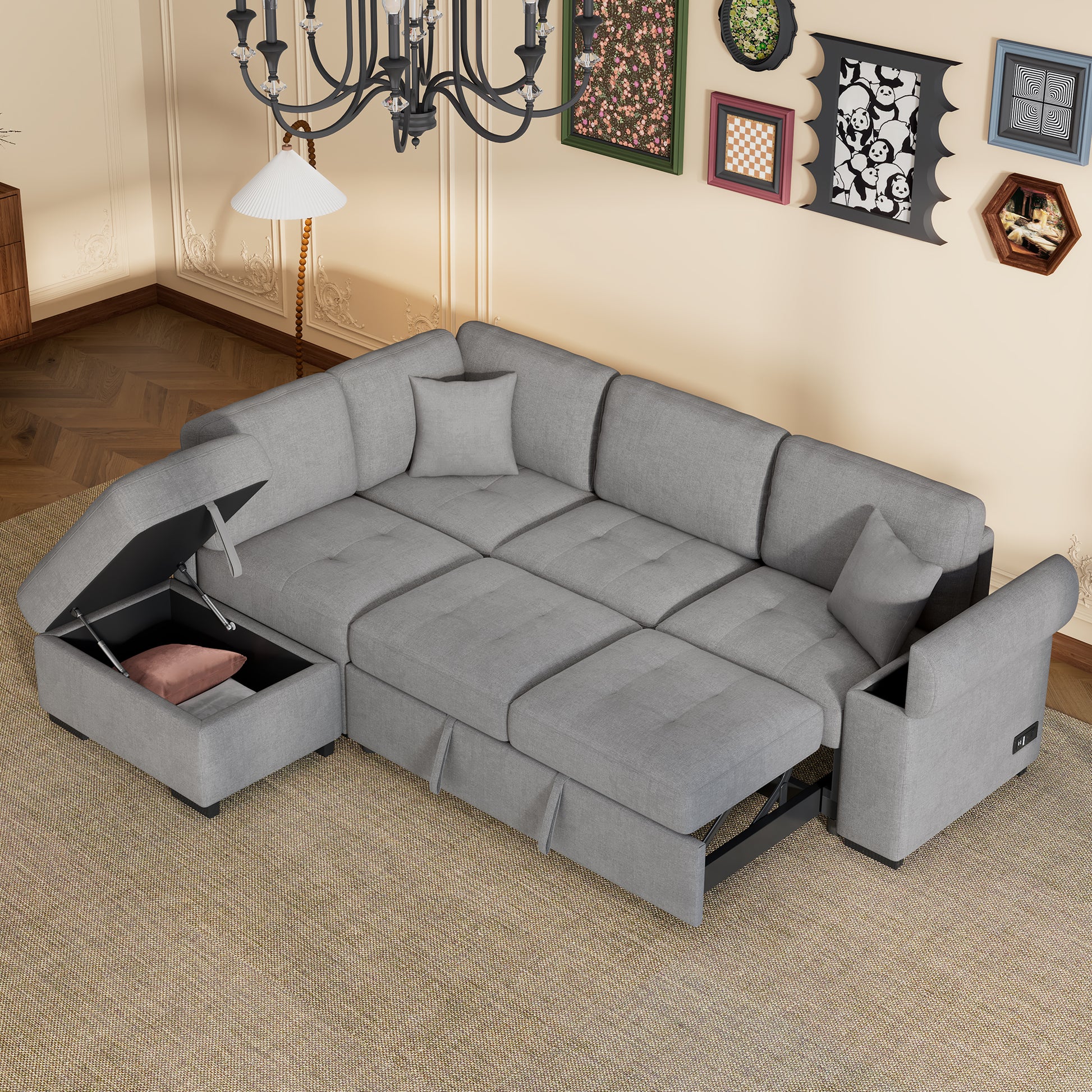 Sleeper Sectional Sofa, L-Shape Corner Couch Sofa-Bed with Storage Ottoman & Hidden Arm Storage & USB Charge  for Living Room Apartment, Gray