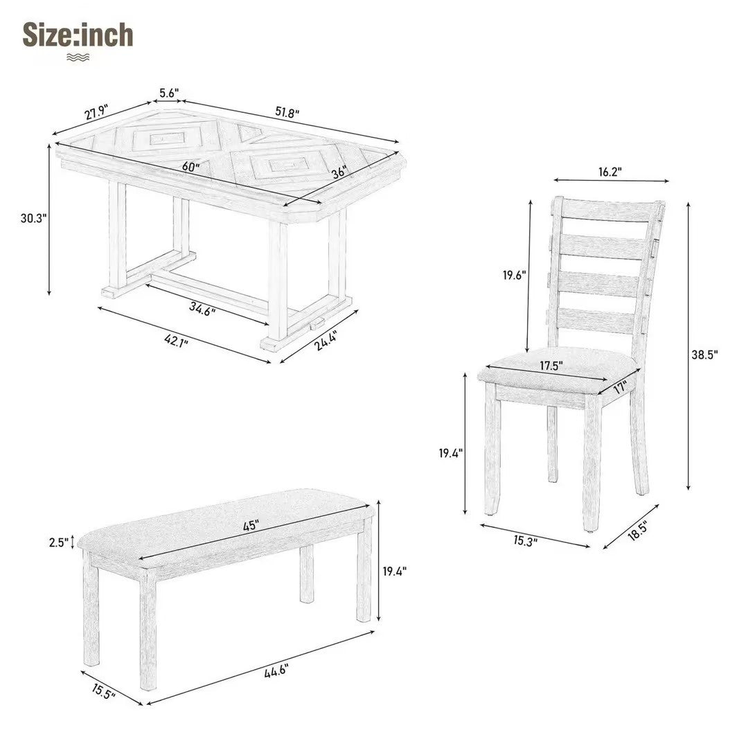 Beautiful Rustic 6-Piece Dining Set with Wood Grain Tabletop USA
