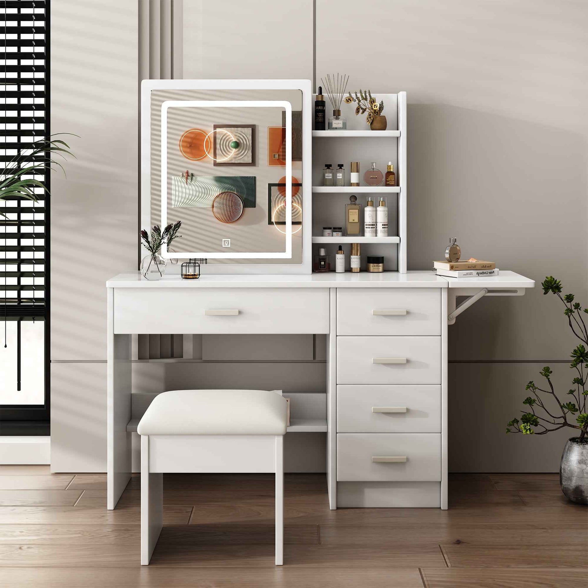 Beautiful Vanity Desk with Lighted Mirror and Storage Drawers