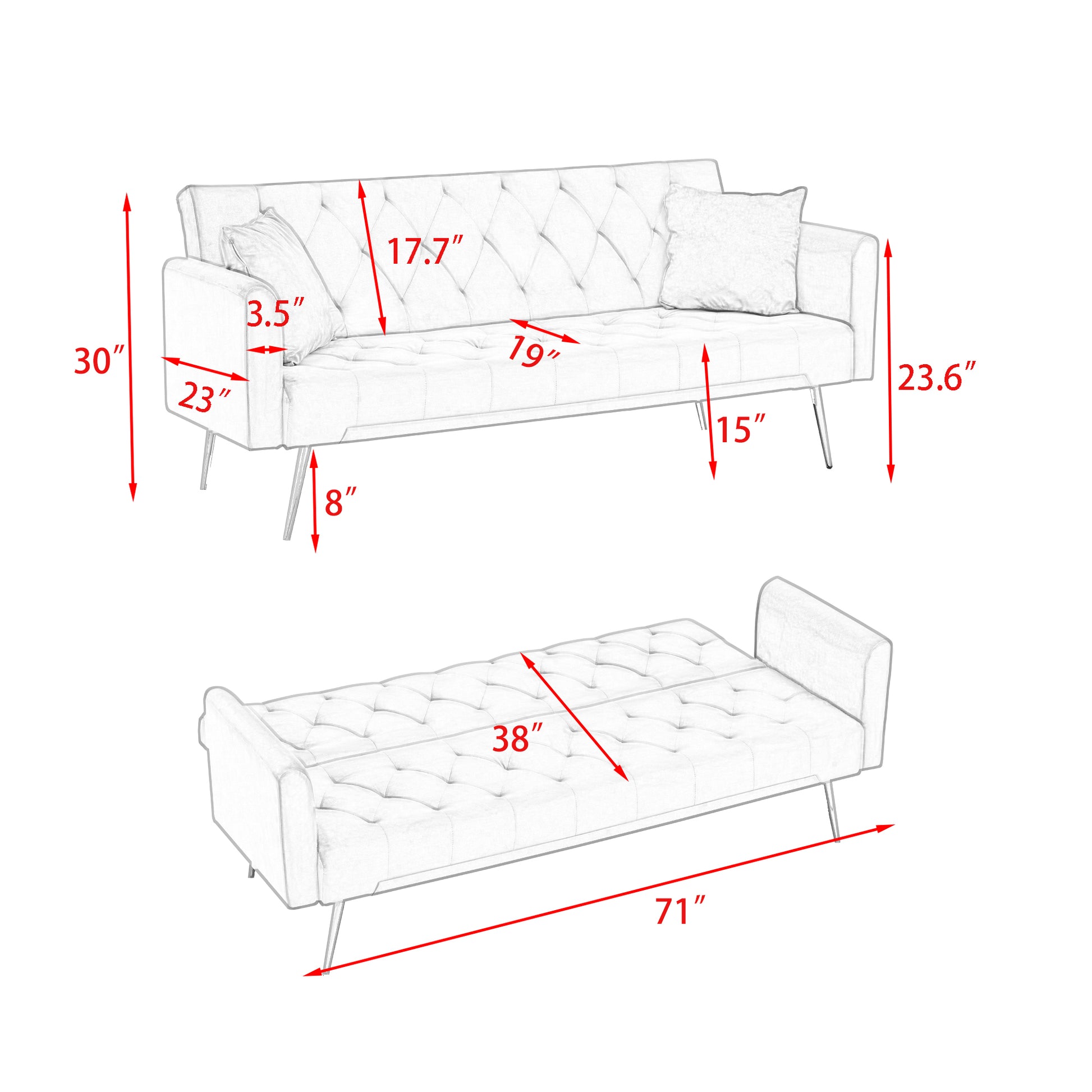 Classic Velvet Tufted Convertible Loveseat Sofa Bed USA