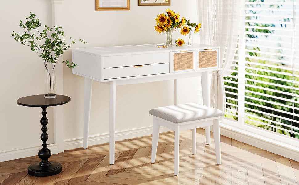 Classic White Wood Makeup Vanity Set with Mirror and Stool