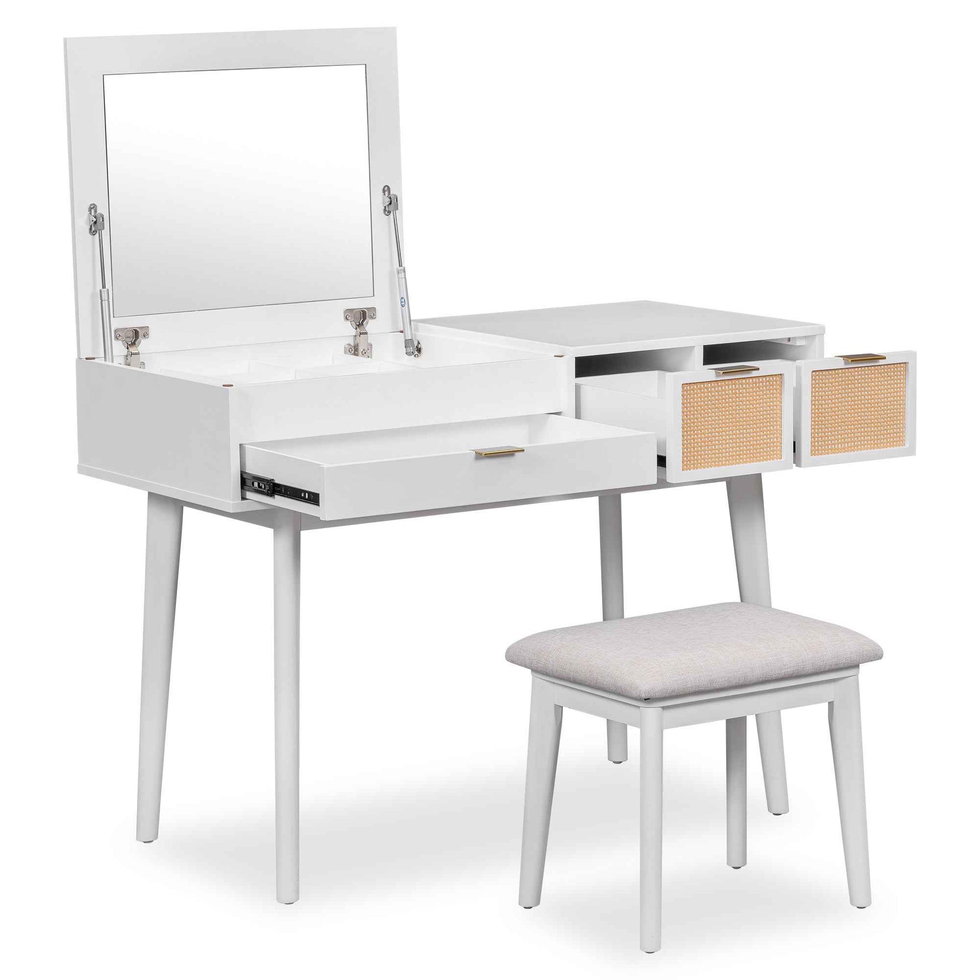 Classic White Wood Makeup Vanity Set with Mirror and Stool