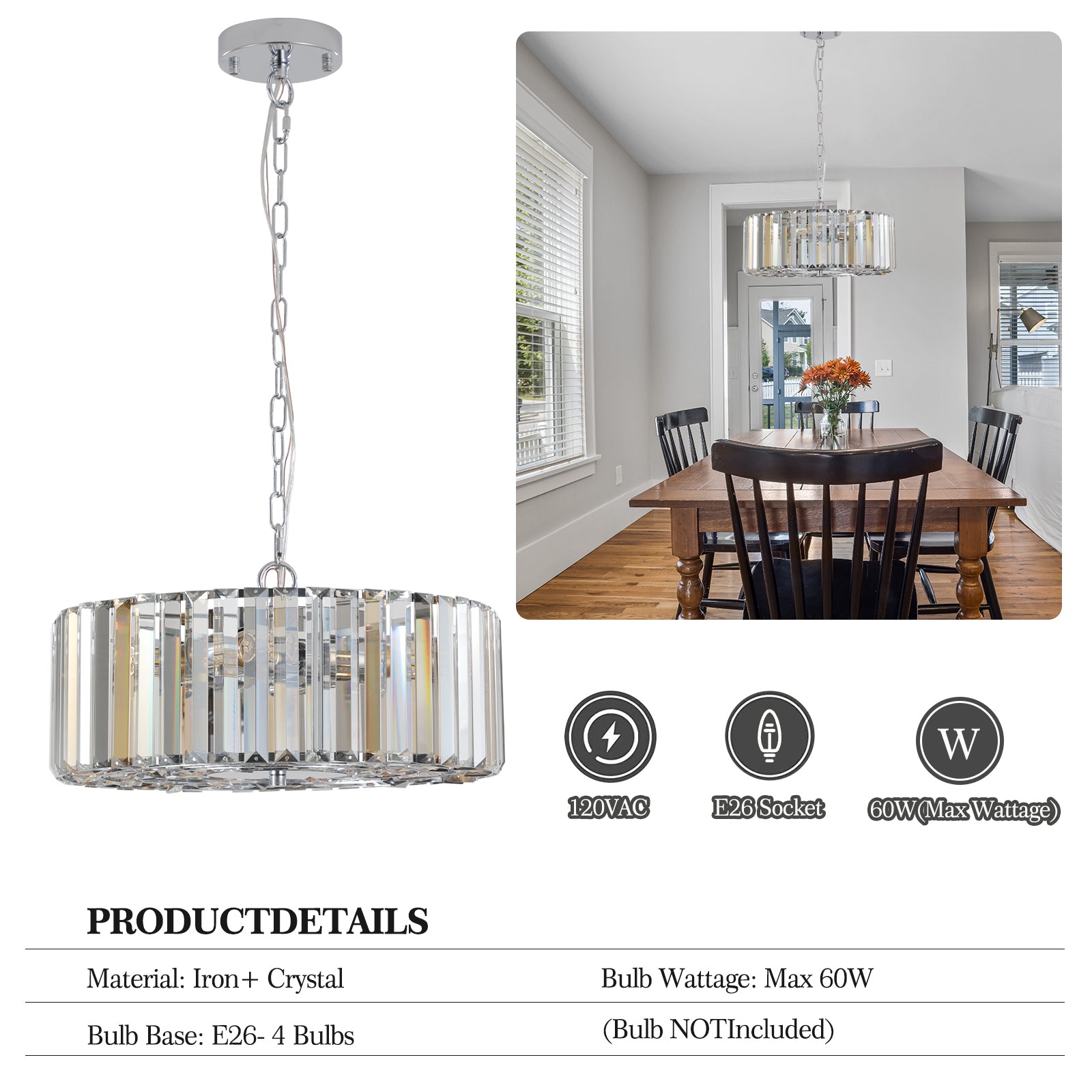 Contemporary Chrome and Crystal 4-Light Chandelier for Dining Room or Entryway USA