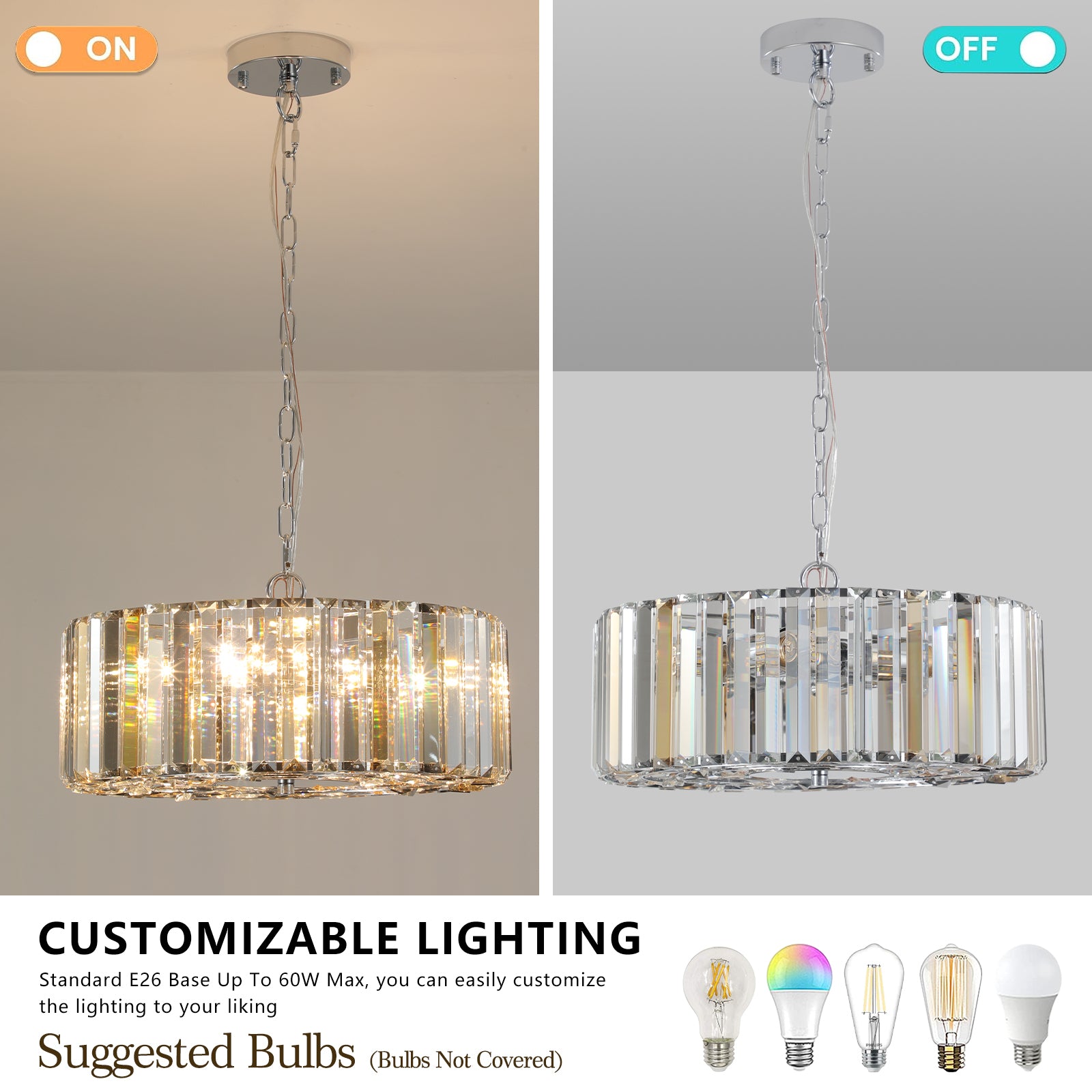 Contemporary Chrome and Crystal 4-Light Chandelier for Dining Room or Entryway USA