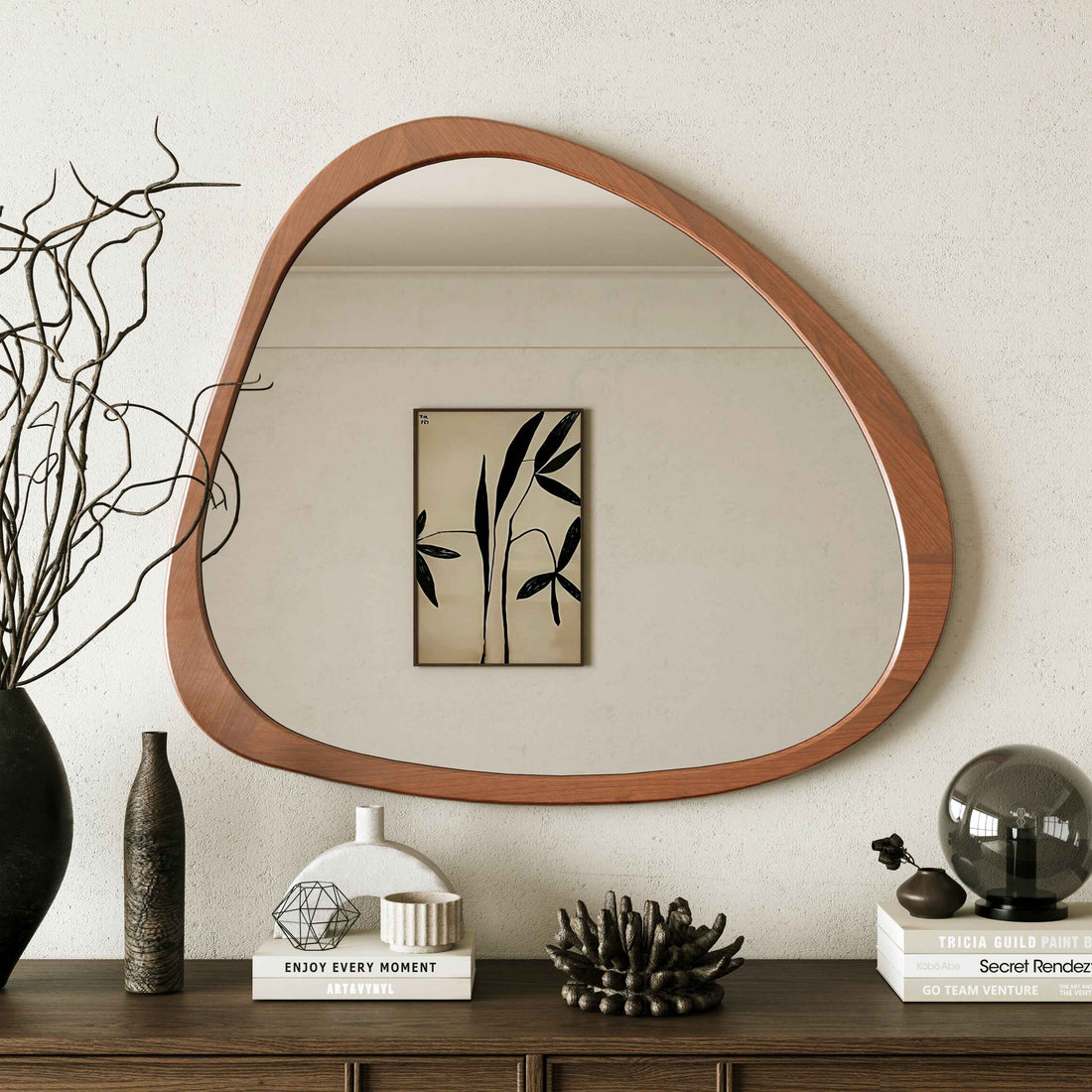 Decorative 45 Inch Asymmetrical Solid Wood Mirror - Stylish Framed Wall Mirror for Any Room USA