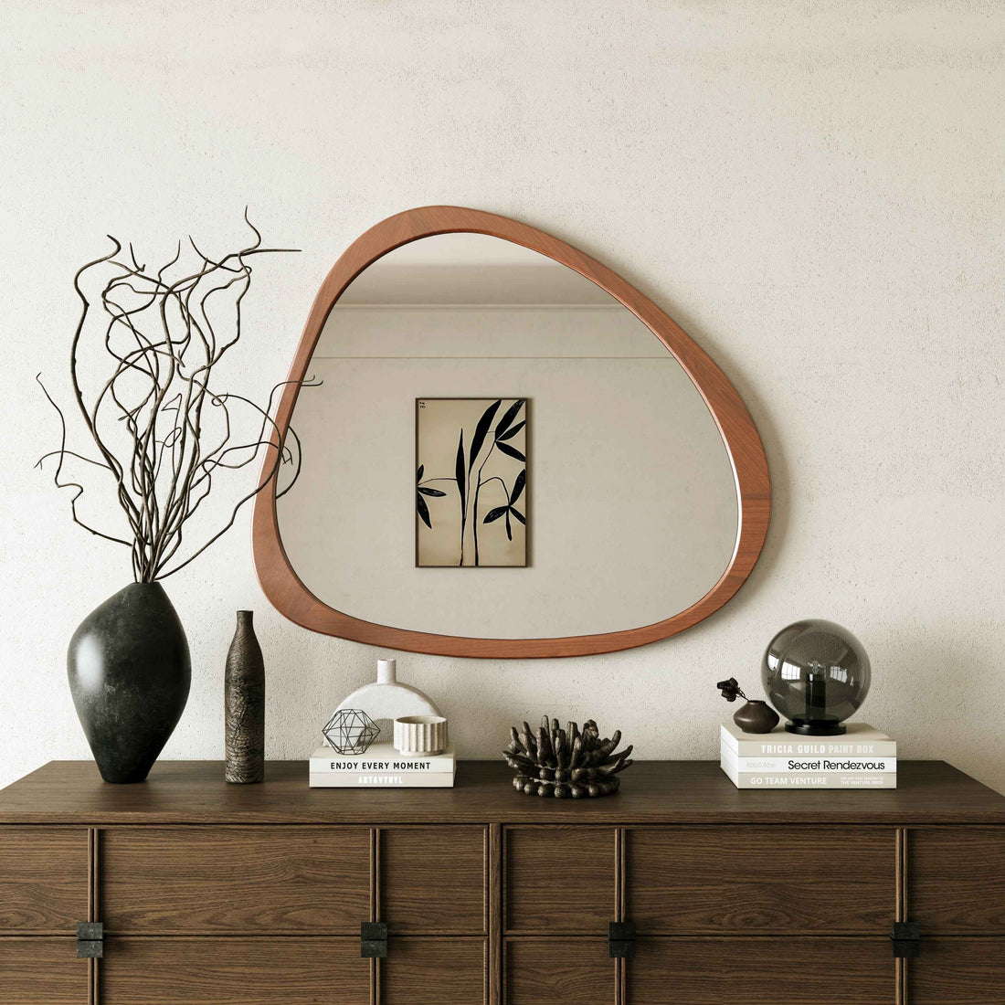 Decorative 45 Inch Asymmetrical Solid Wood Mirror - Stylish Framed Wall Mirror for Any Room USA