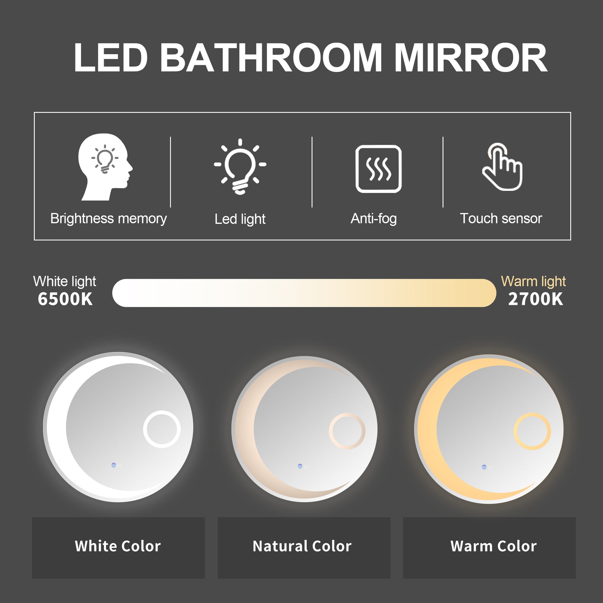 Dimmable 24 Switch-Held Memory LED Bathroom Mirror with Anti-Fog Feature USA