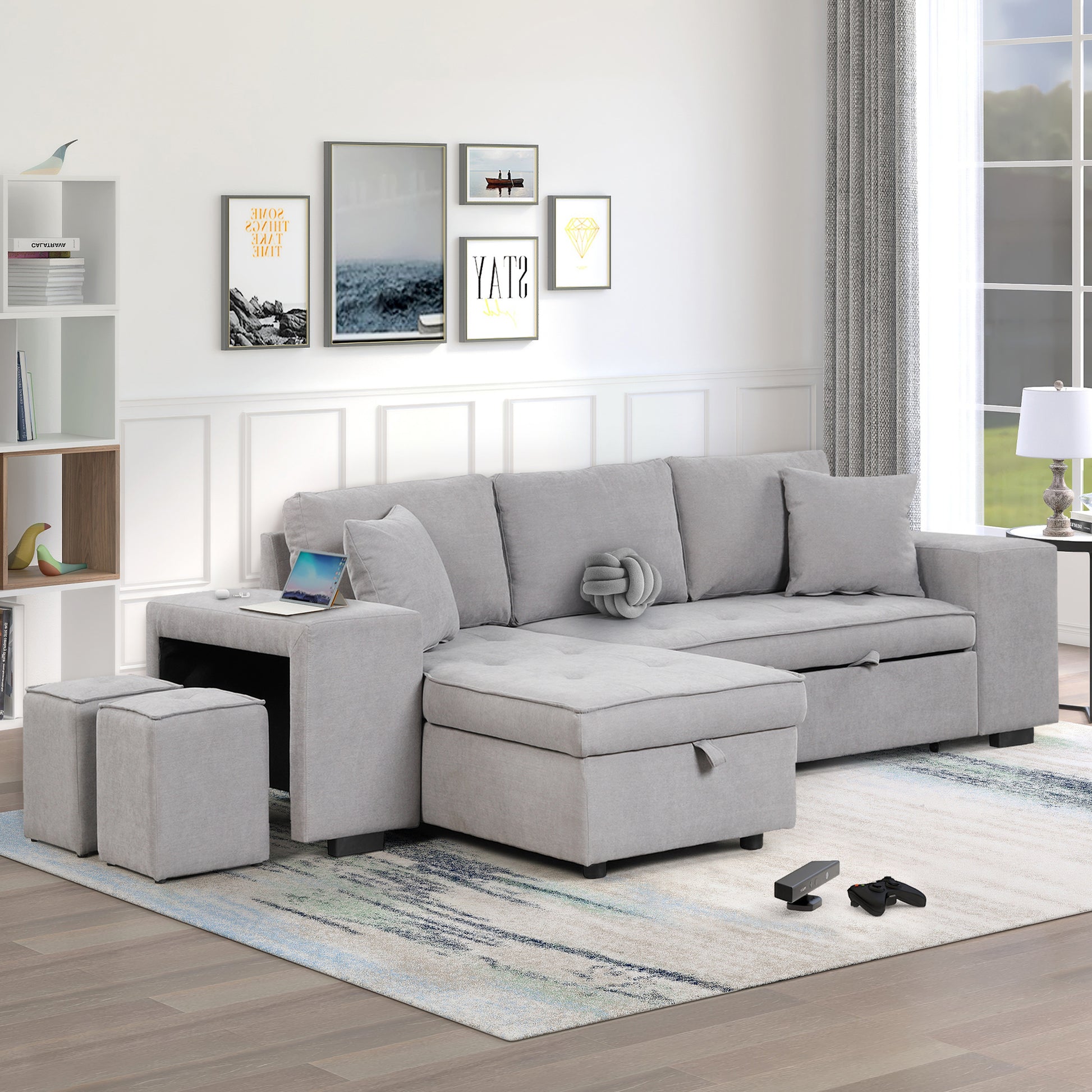 Elegant 3-Piece Gray Sectional Sofa with Chaise and Storage Ottoman USA