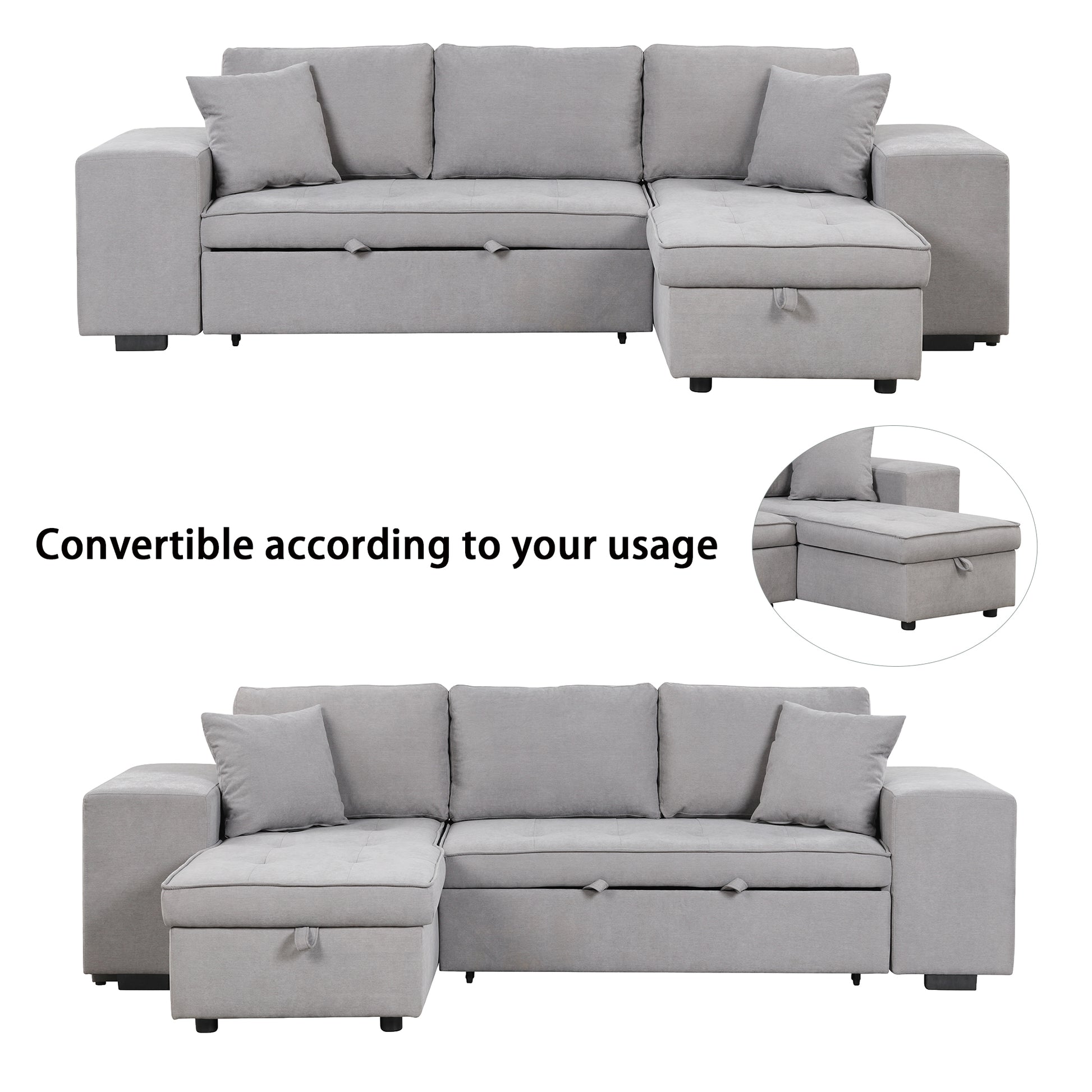 Elegant 3-Piece Gray Sectional Sofa with Chaise and Storage Ottoman USA