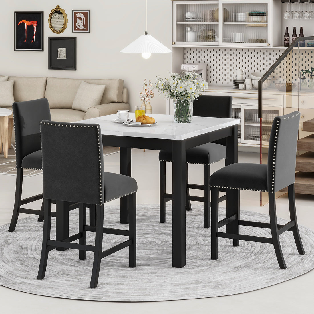 Elegant 5-Piece Counter Height Dining Set with Faux Marble Table Top USA