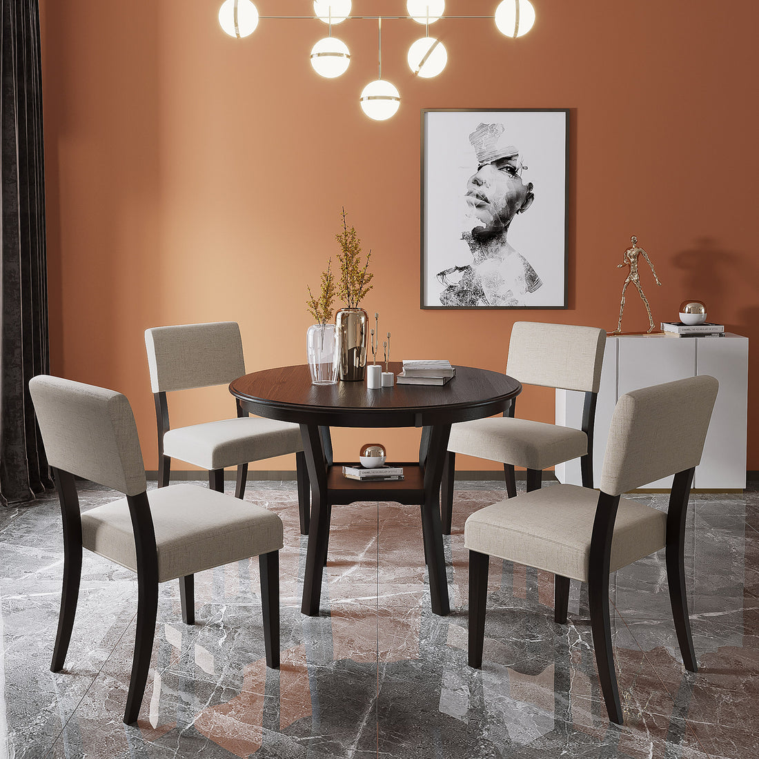 Elegant 5-Piece Round Dining Set with Upholstered Chairs USA