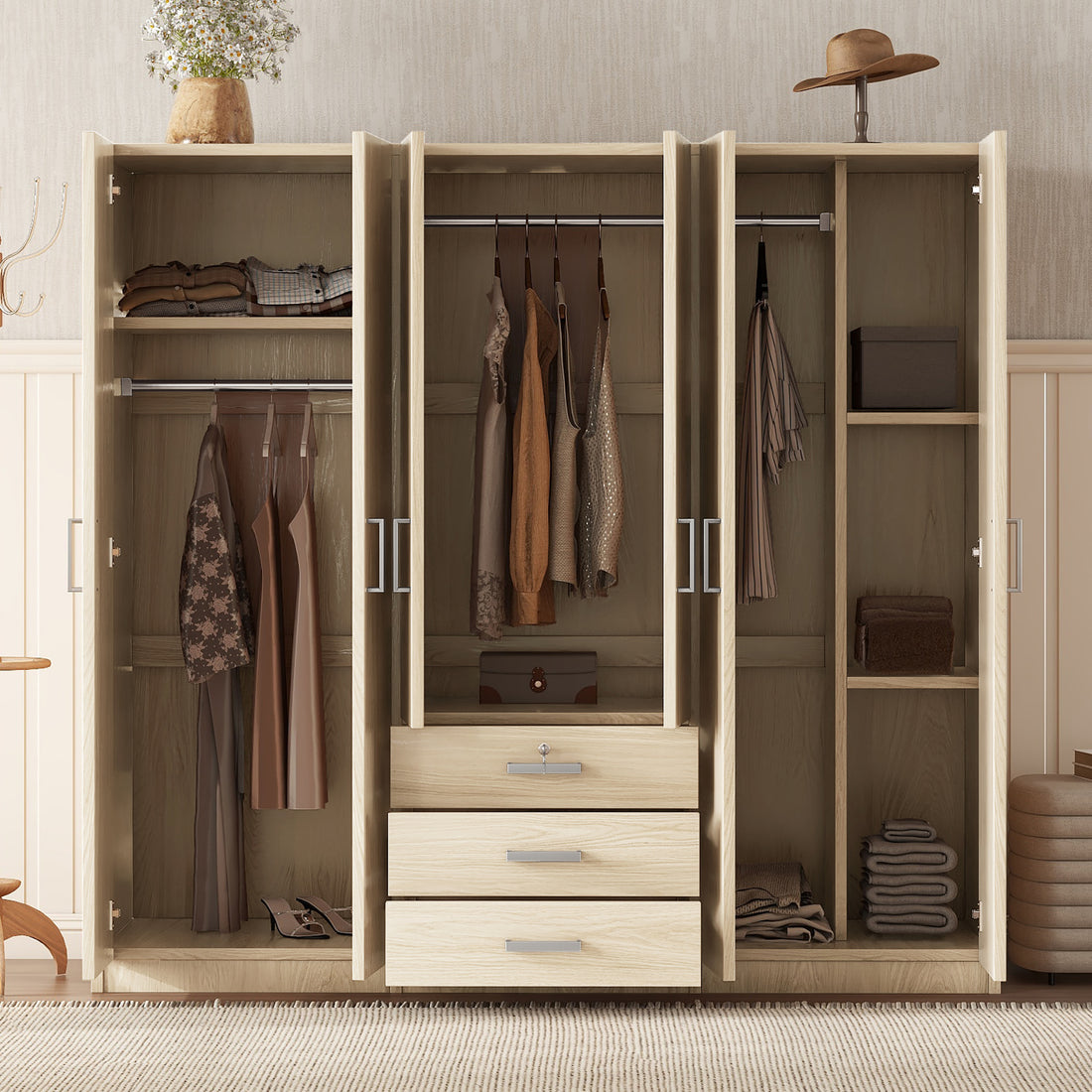 Elegant 6-Door Wooden Wardrobe Storage System USA