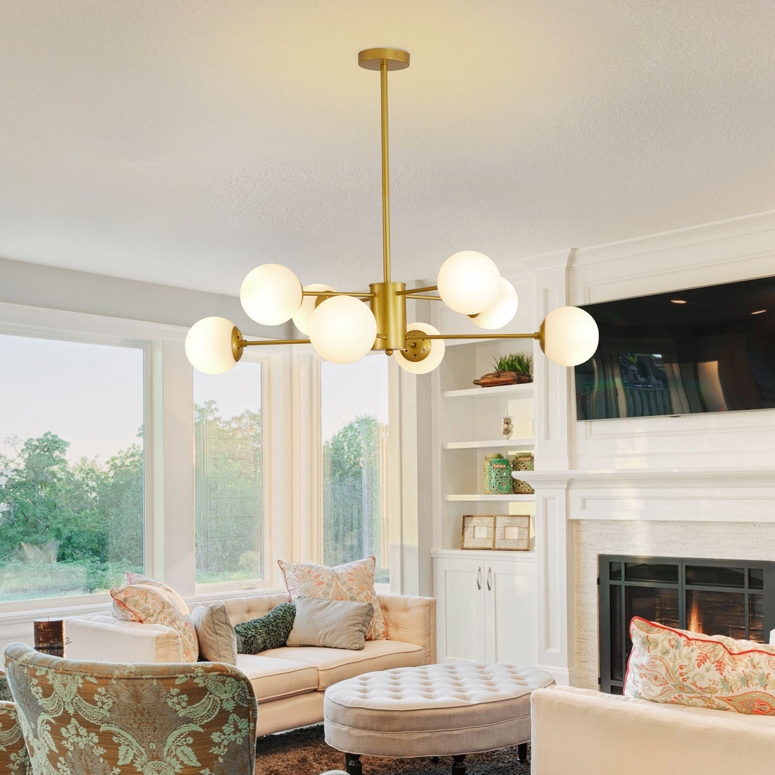 Elegant 8-Light Gold Chandelier with White Glass Globe Shades USA