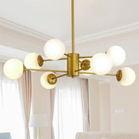 Elegant 8-Light Gold Chandelier with White Glass Globe Shades USA