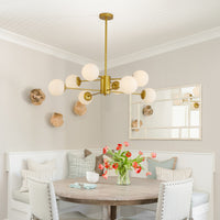 Elegant 8-Light Gold Chandelier with White Glass Globe Shades USA