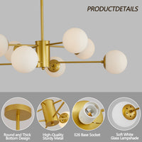 Elegant 8-Light Gold Chandelier with White Glass Globe Shades USA