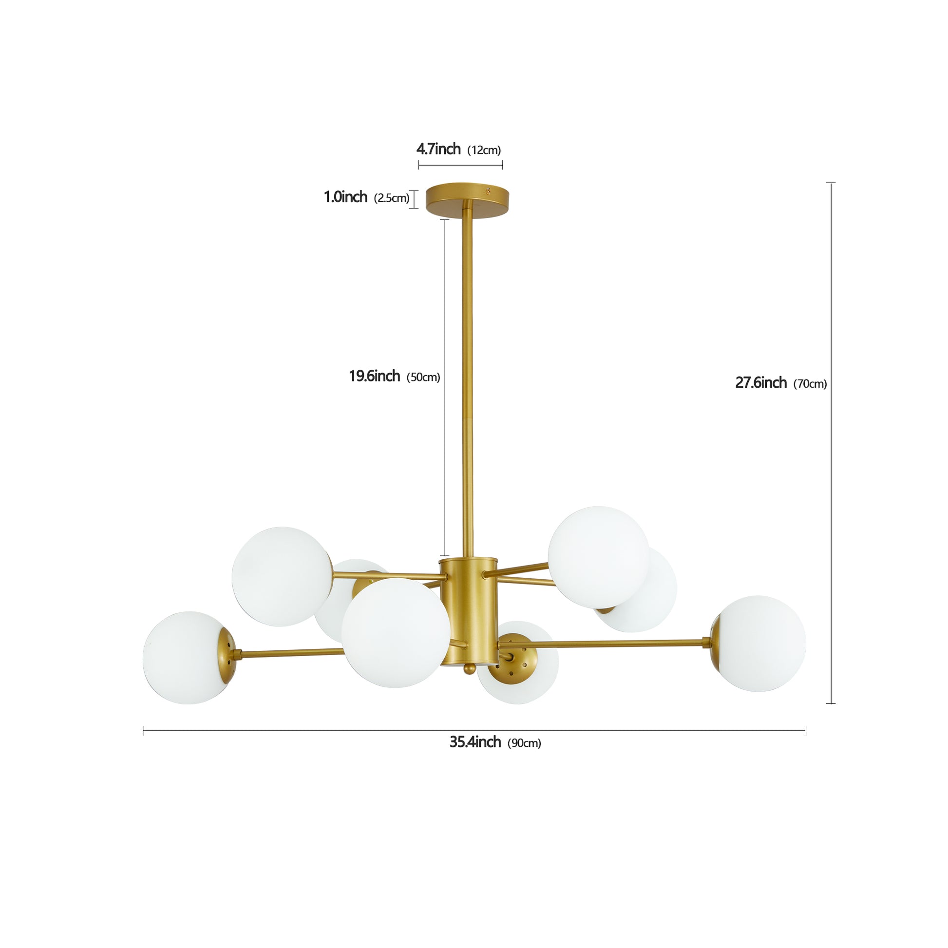 Elegant 8-Light Gold Chandelier with White Glass Globe Shades USA