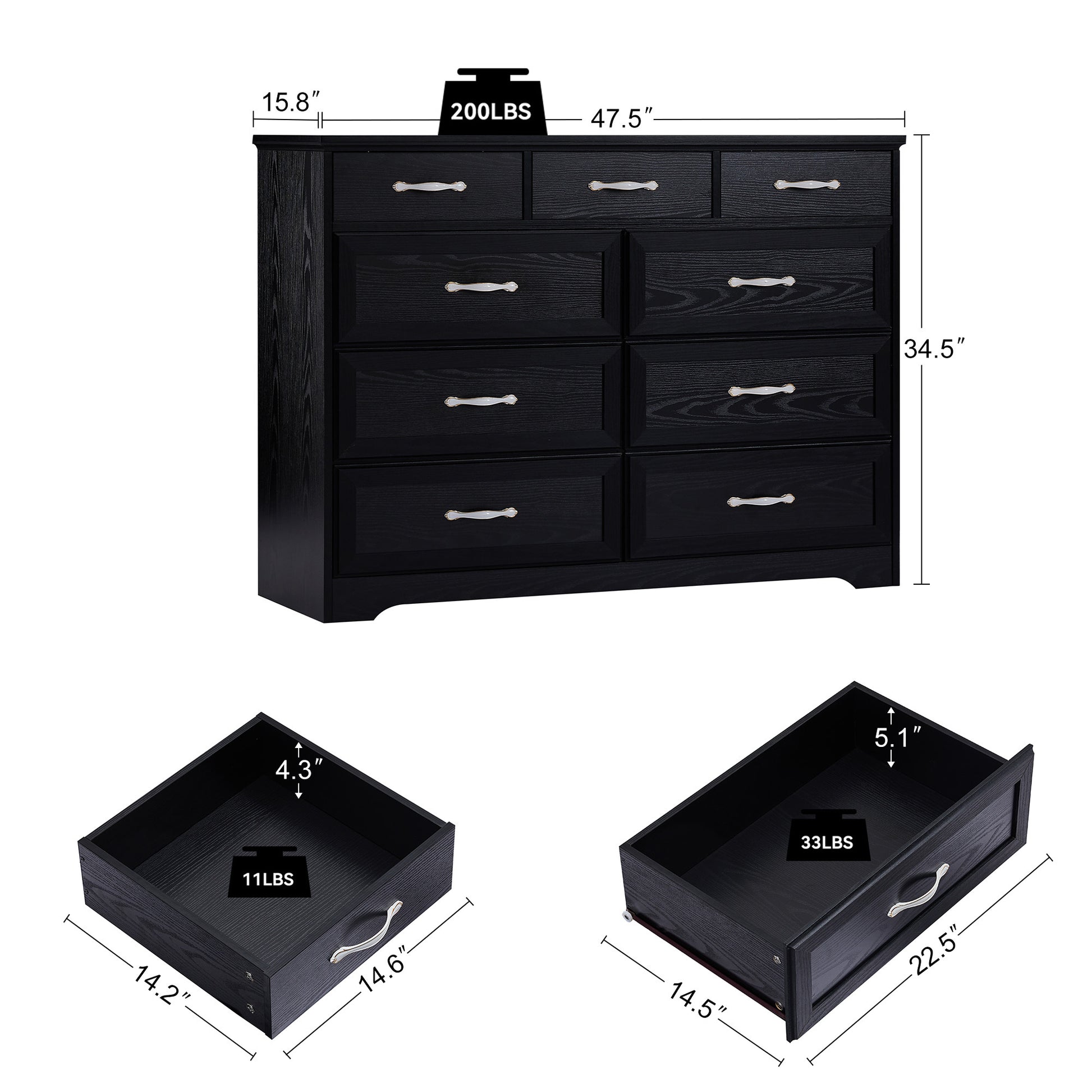 Elegant 9-Drawer Dresser in Dark Espresso Finish USA