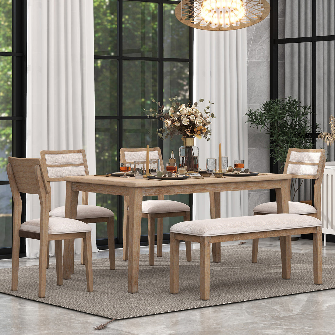 Elegant Classic and Traditional Style 6-Piece Natural Wood Dining Set USA