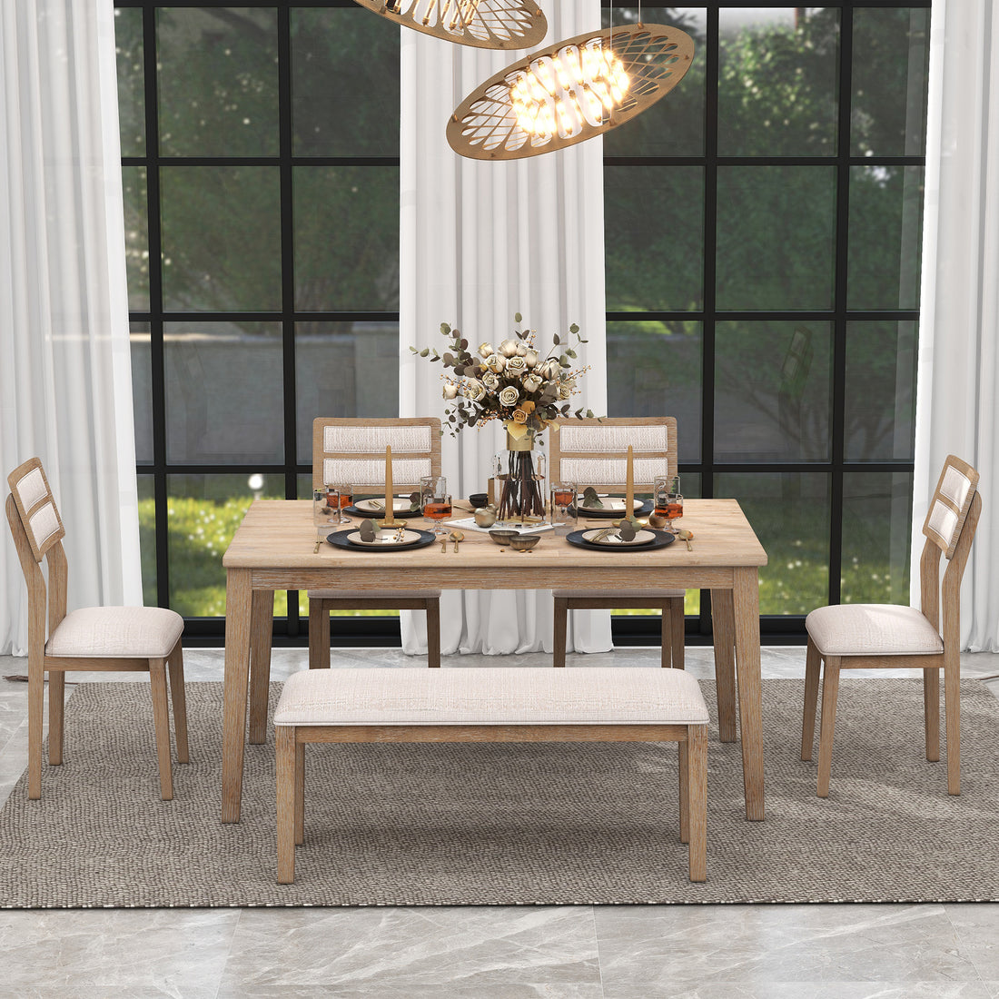 Elegant Classic and Traditional Style 6-Piece Natural Wood Dining Set USA