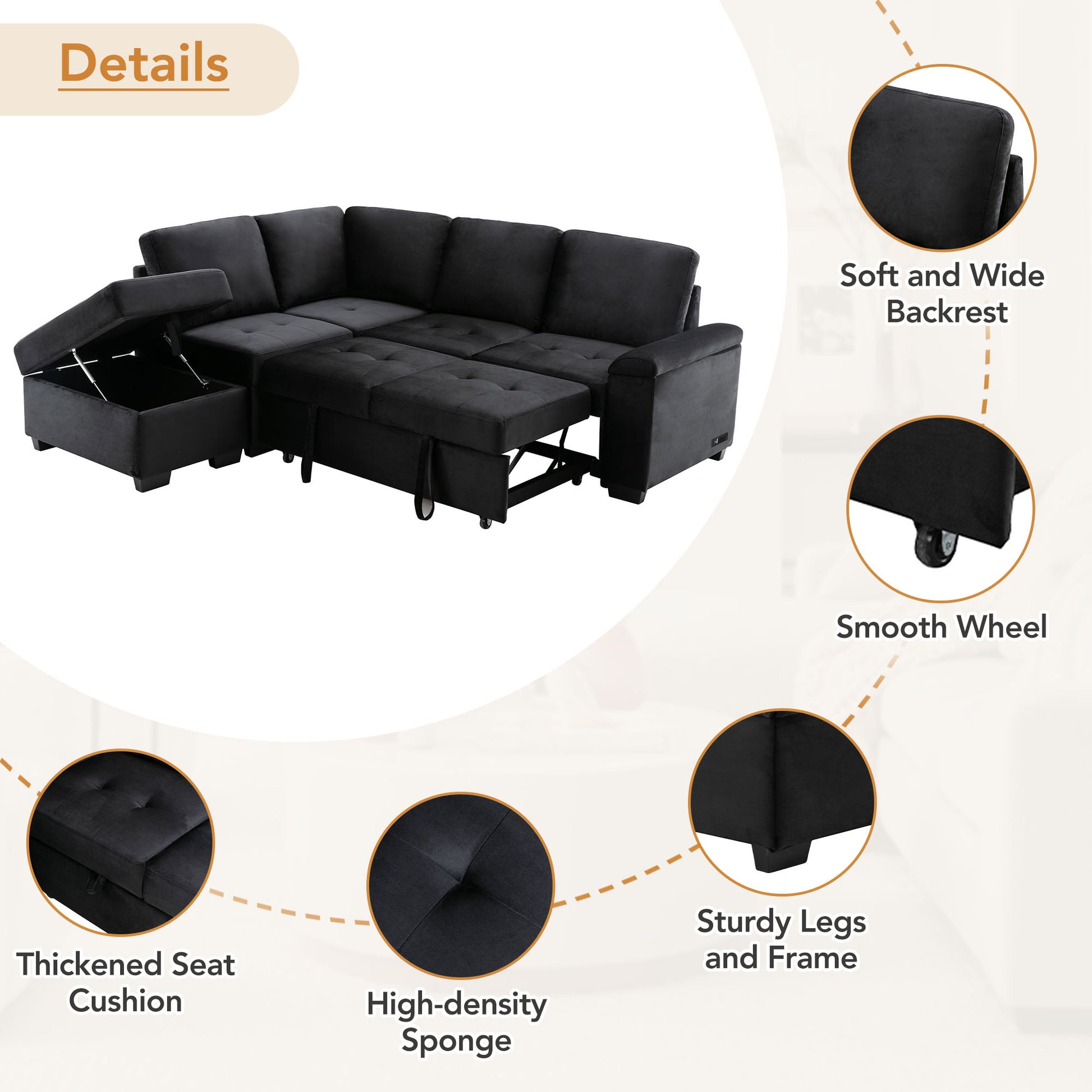 Elegant Convertible Fabric Sectional Sofa with Chaise and Storage Ottoman USA