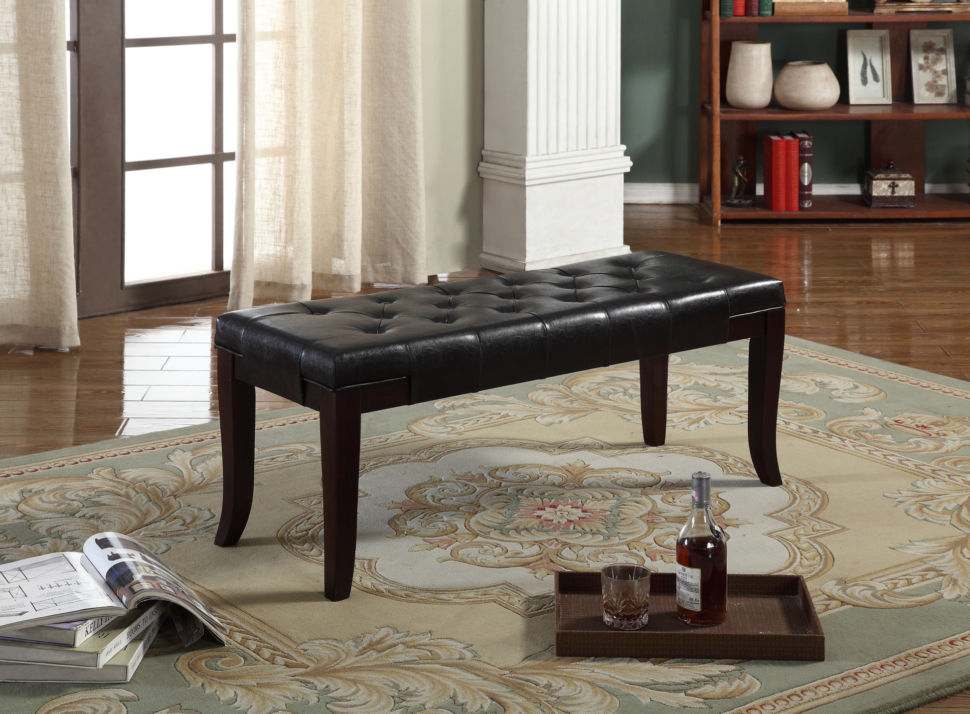 Elegant Espresso Tufted Bench with Faux Leather Upholstery USA