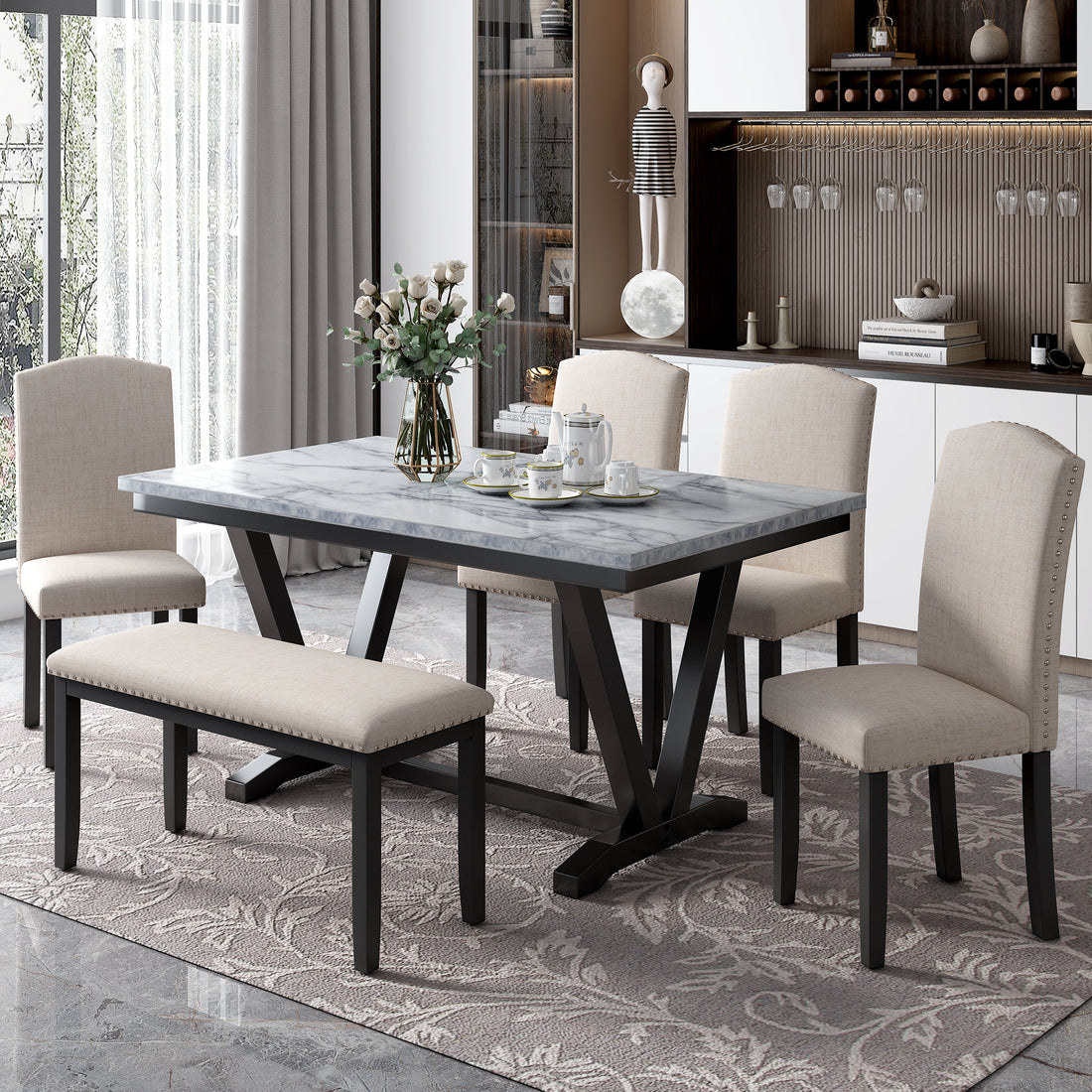 Elegant Farmhouse-Inspired 7-Piece Dining Set with Rustic Wood Table Top and Upholstered Tufted Chairs USA