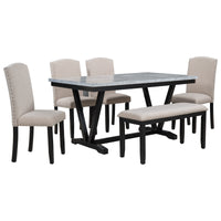 Elegant Farmhouse-Inspired 7-Piece Dining Set with Rustic Wood Table Top and Upholstered Tufted Chairs USA