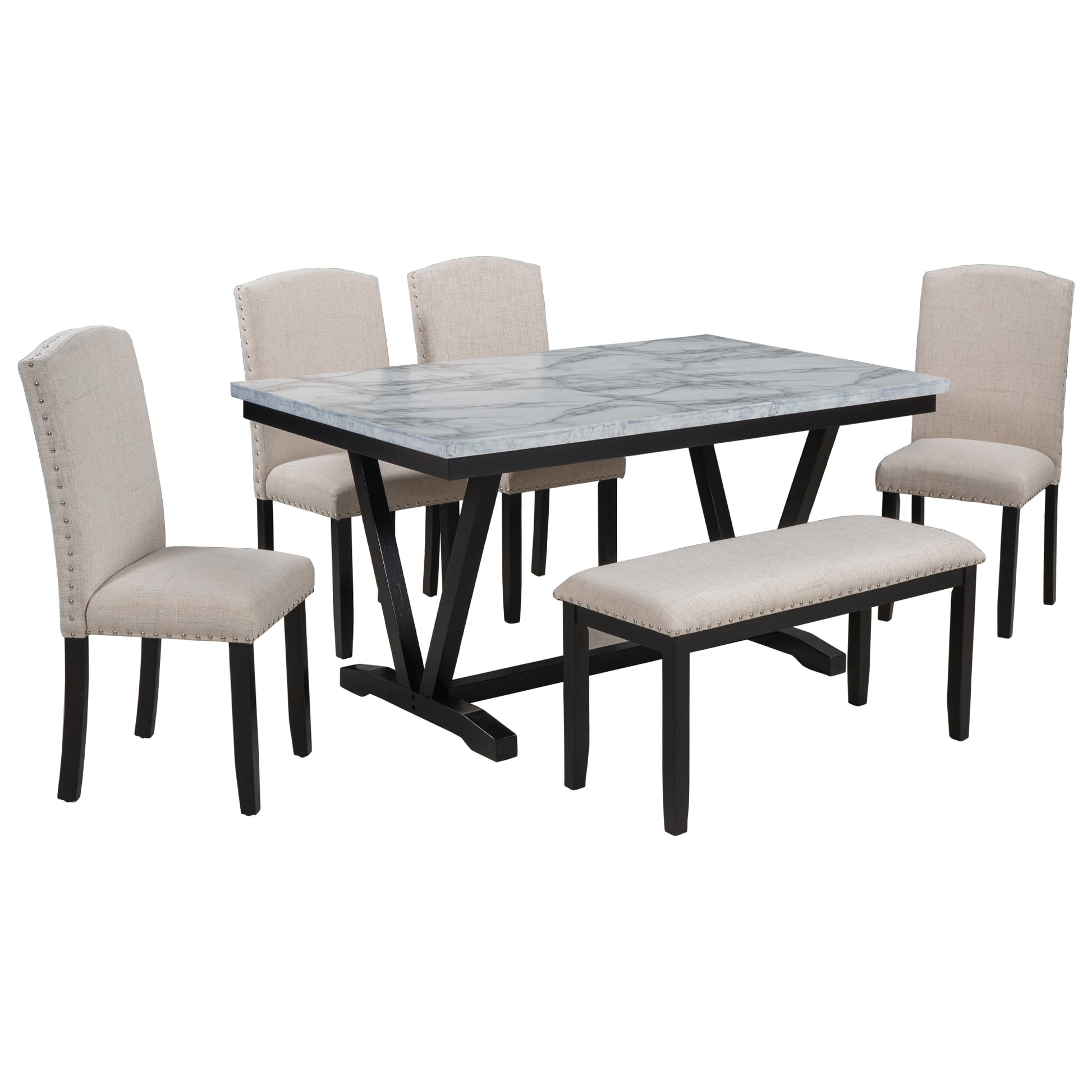 Elegant Farmhouse-Inspired 7-Piece Dining Set with Rustic Wood Table Top and Upholstered Tufted Chairs USA