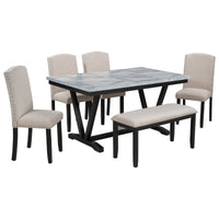 Elegant Farmhouse-Inspired 7-Piece Dining Set with Rustic Wood Table Top and Upholstered Tufted Chairs USA