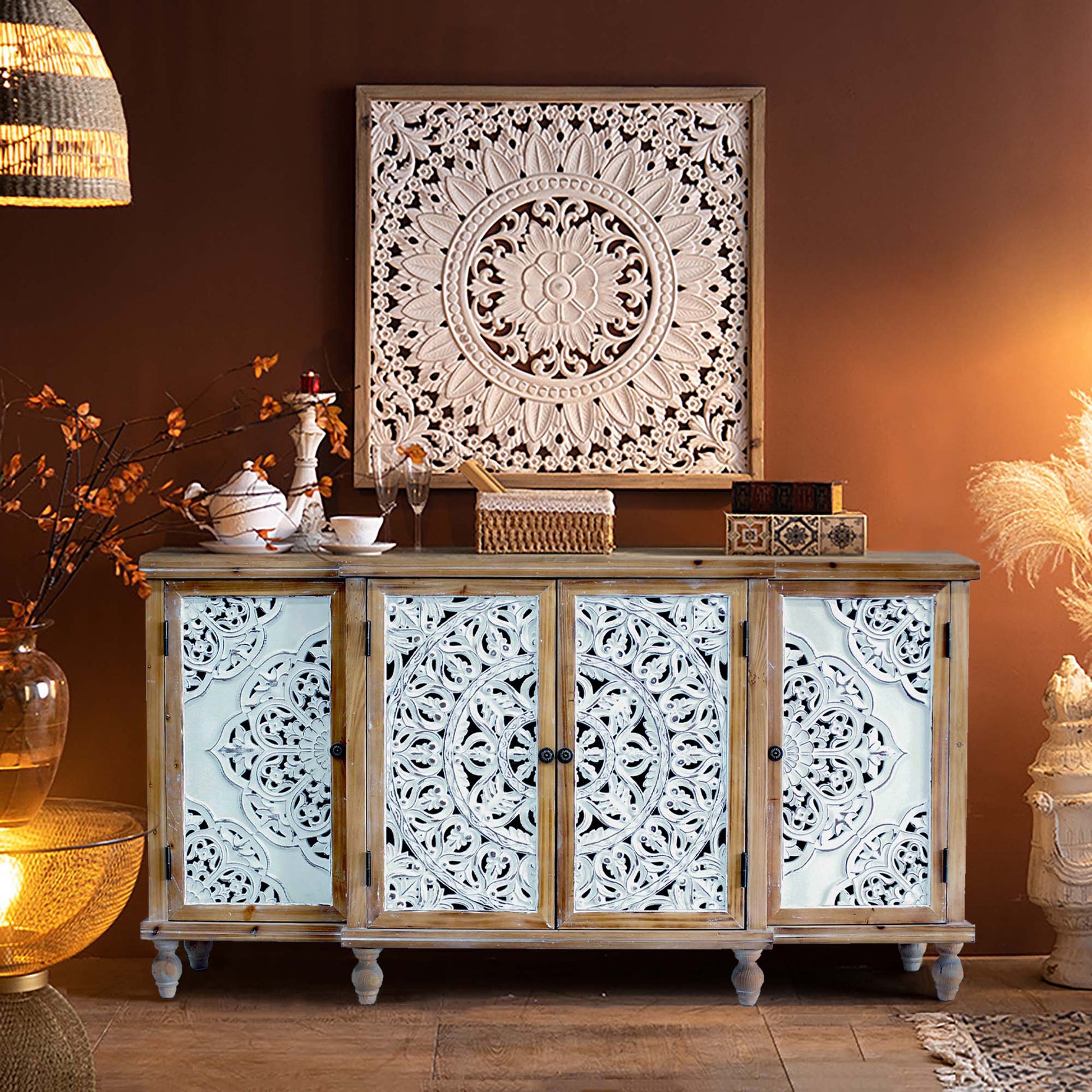 Elegant Floral Patterned Distressed Wood Storage Cabinet USA