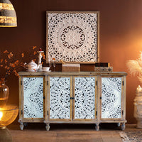 Elegant Floral Patterned Distressed Wood Storage Cabinet USA