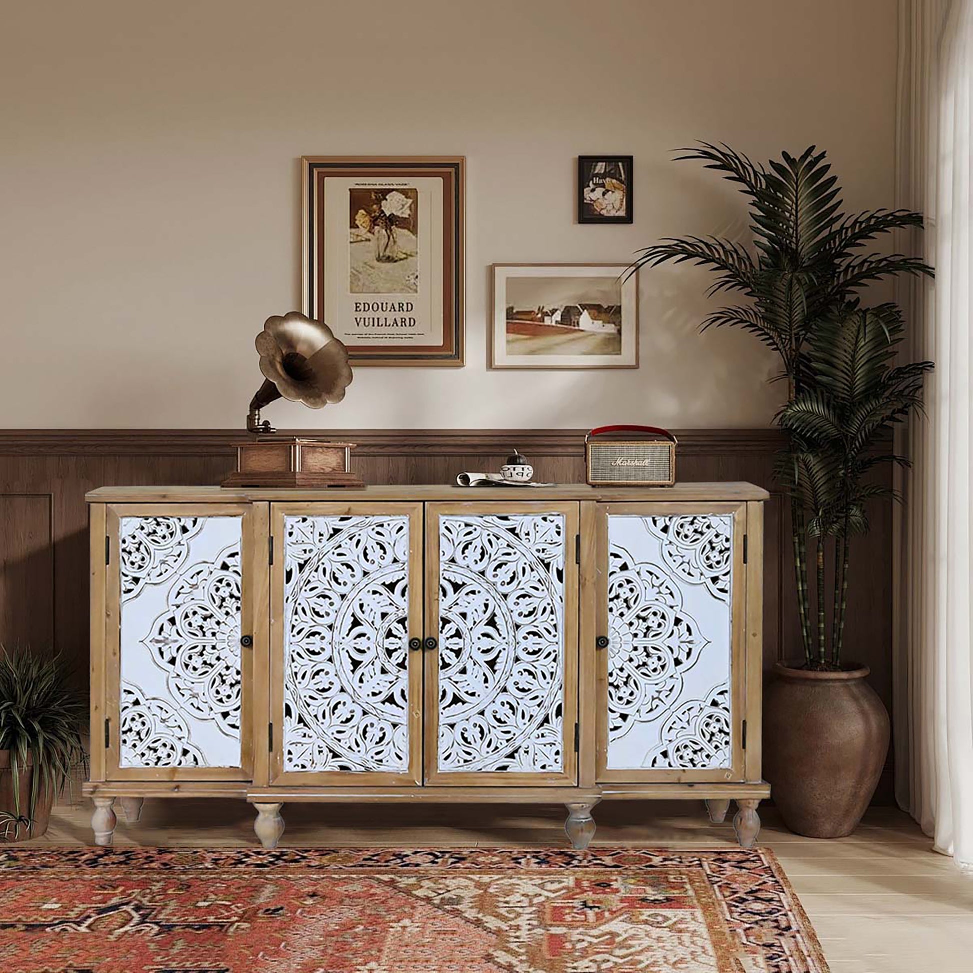 Elegant Floral Patterned Distressed Wood Storage Cabinet USA