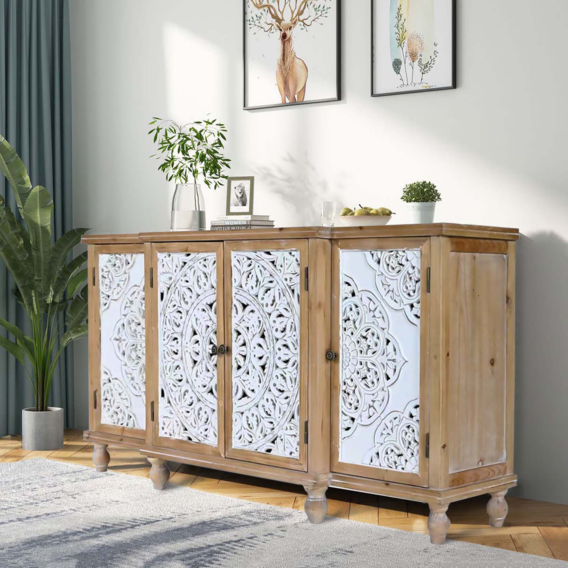 Elegant Floral Patterned Distressed Wood Storage Cabinet USA