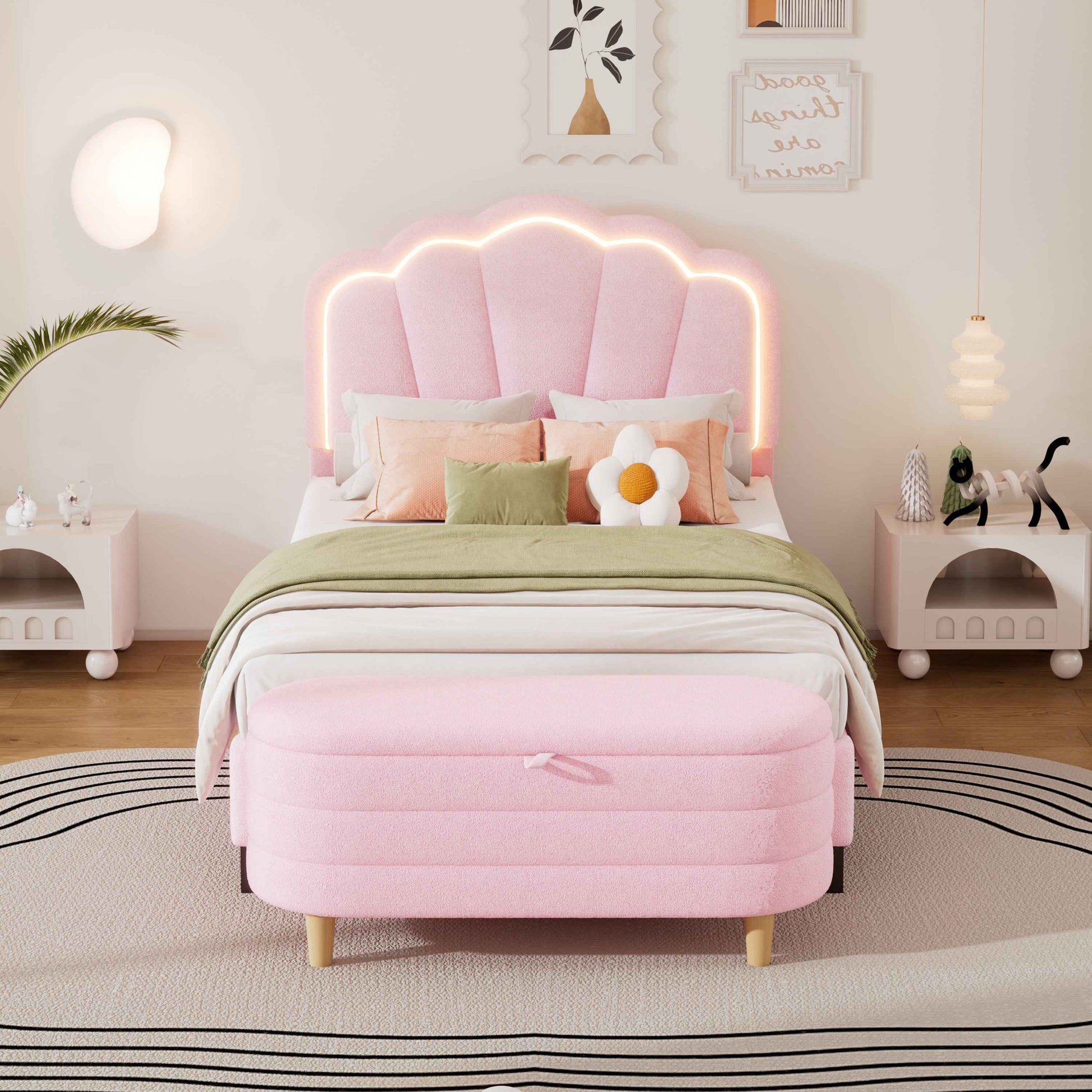 Elegant Flower-Inspired Twin Upholstered Bed with Storage Ottoman