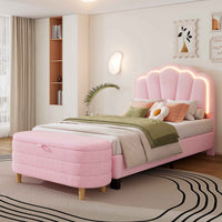 Elegant Flower-Inspired Twin Upholstered Bed with Storage Ottoman