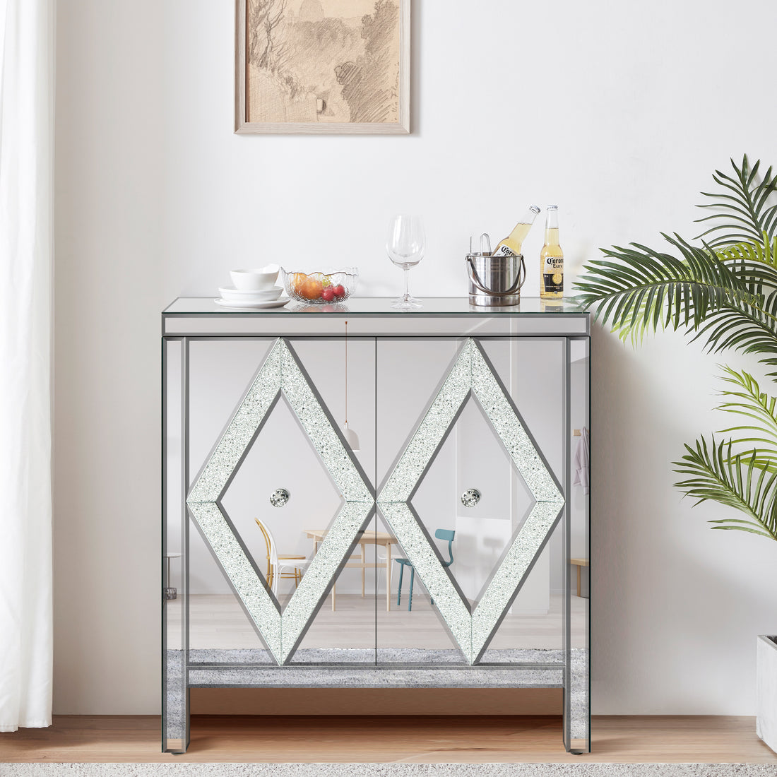 Elegant Geometric Pattern Mirrored Sideboard Cabinet USA