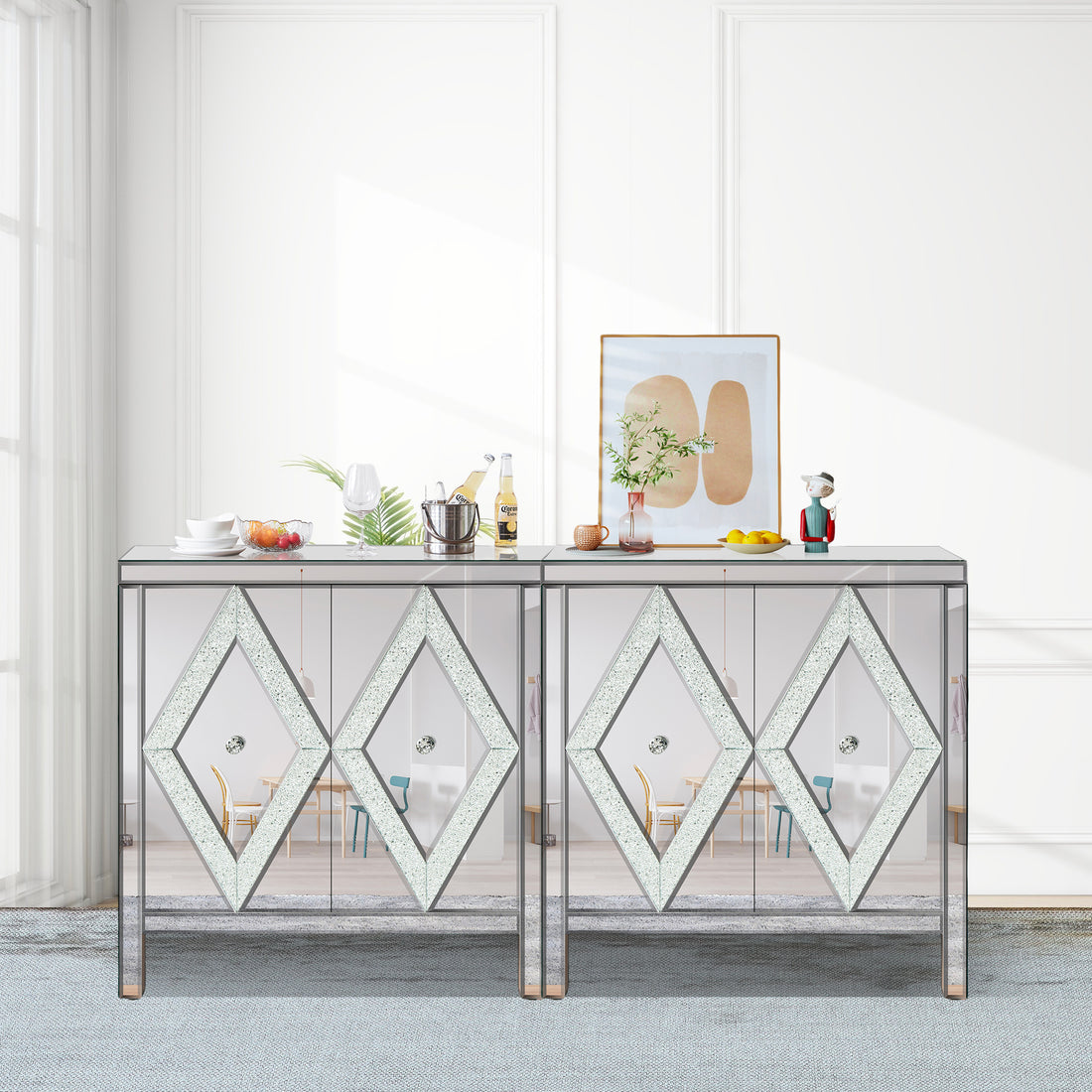 Elegant Geometric Pattern Mirrored Sideboard Cabinet USA