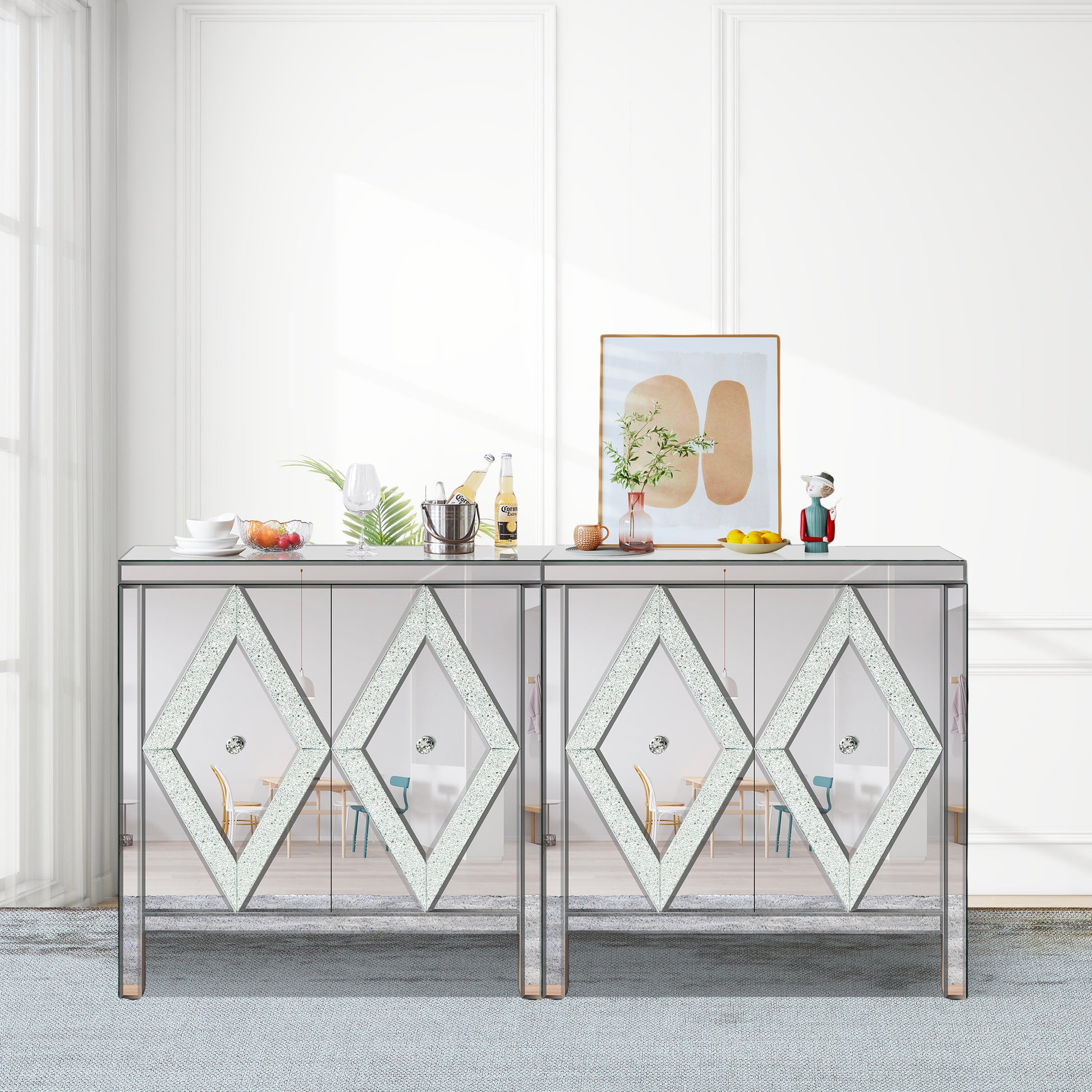 Elegant Geometric Pattern Mirrored Sideboard Cabinet USA