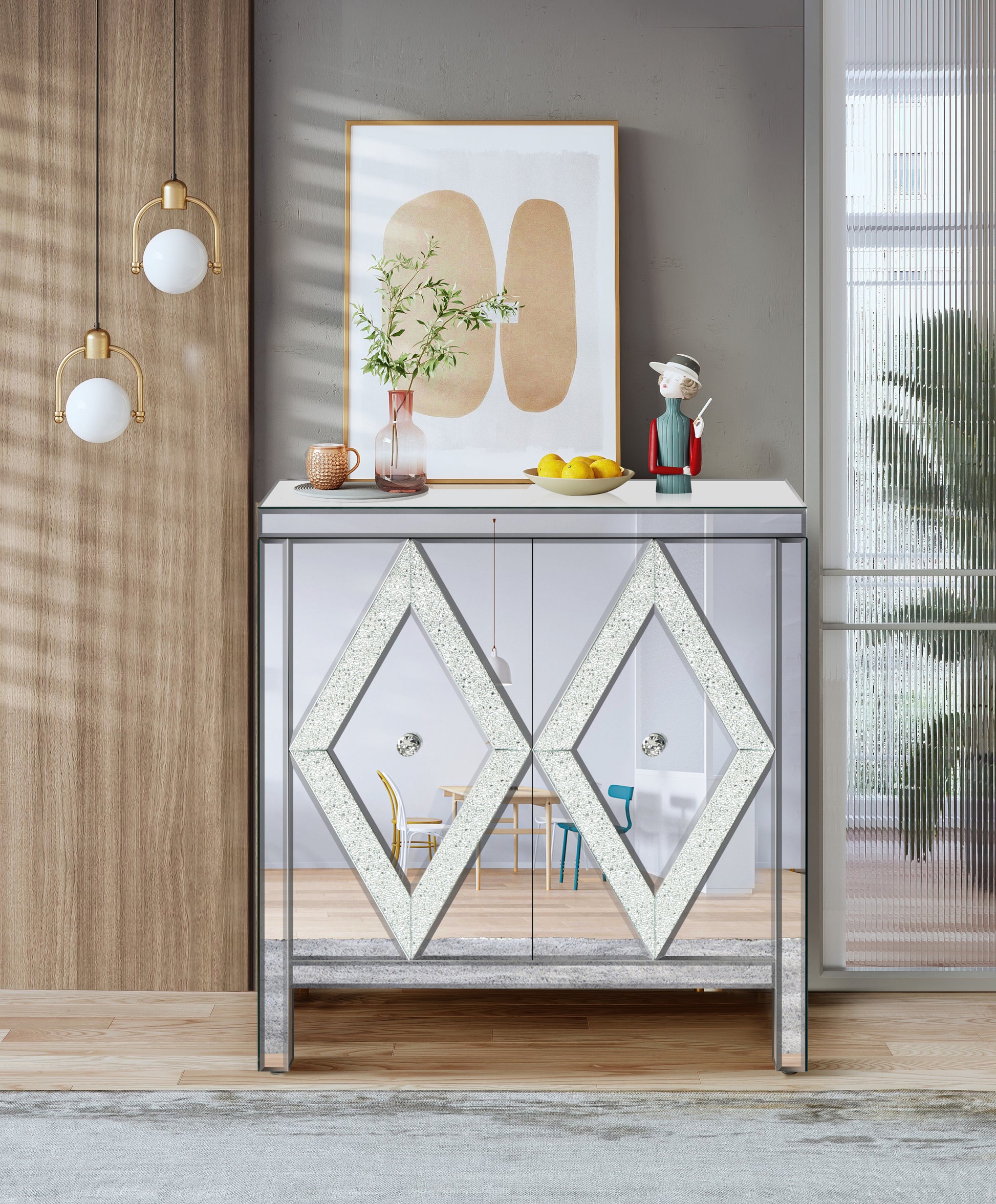 Elegant Geometric Pattern Mirrored Sideboard Cabinet USA