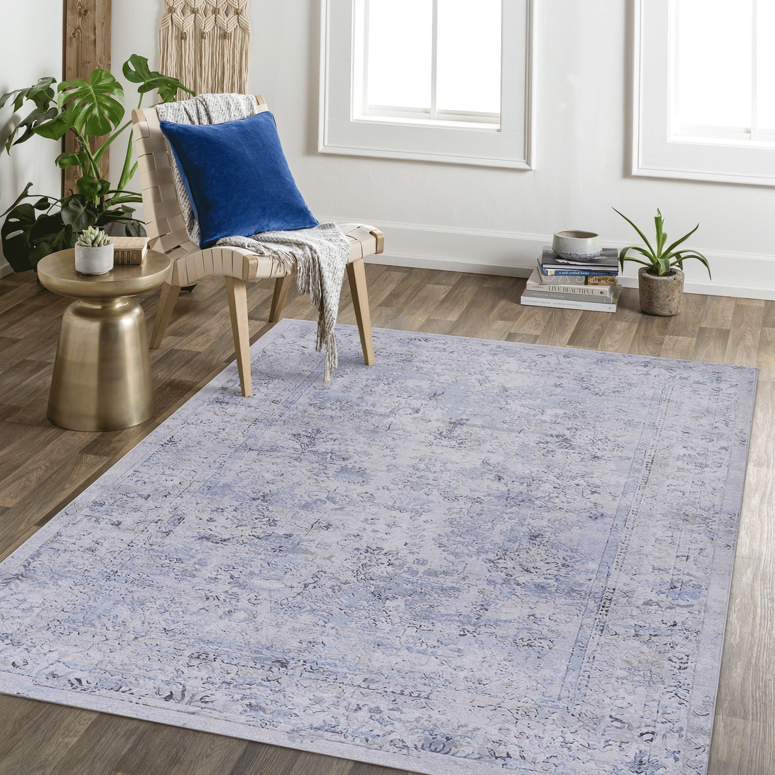 Elegant Grey Patterned Area Rug - Modern Distressed Floral Design USA