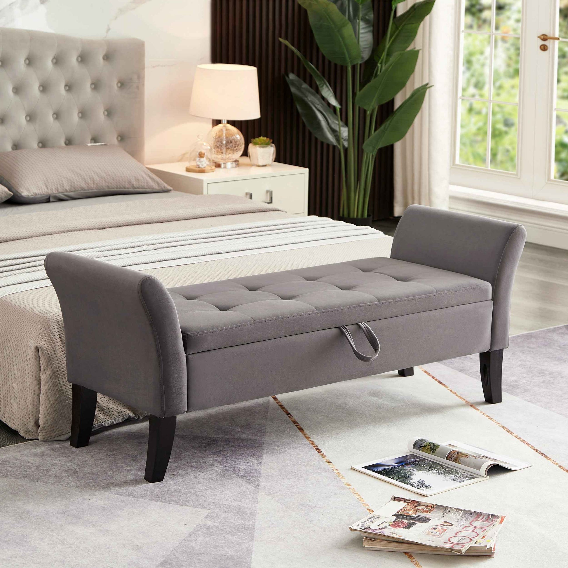 Elegant Grey Velvet Upholstered Storage Bench