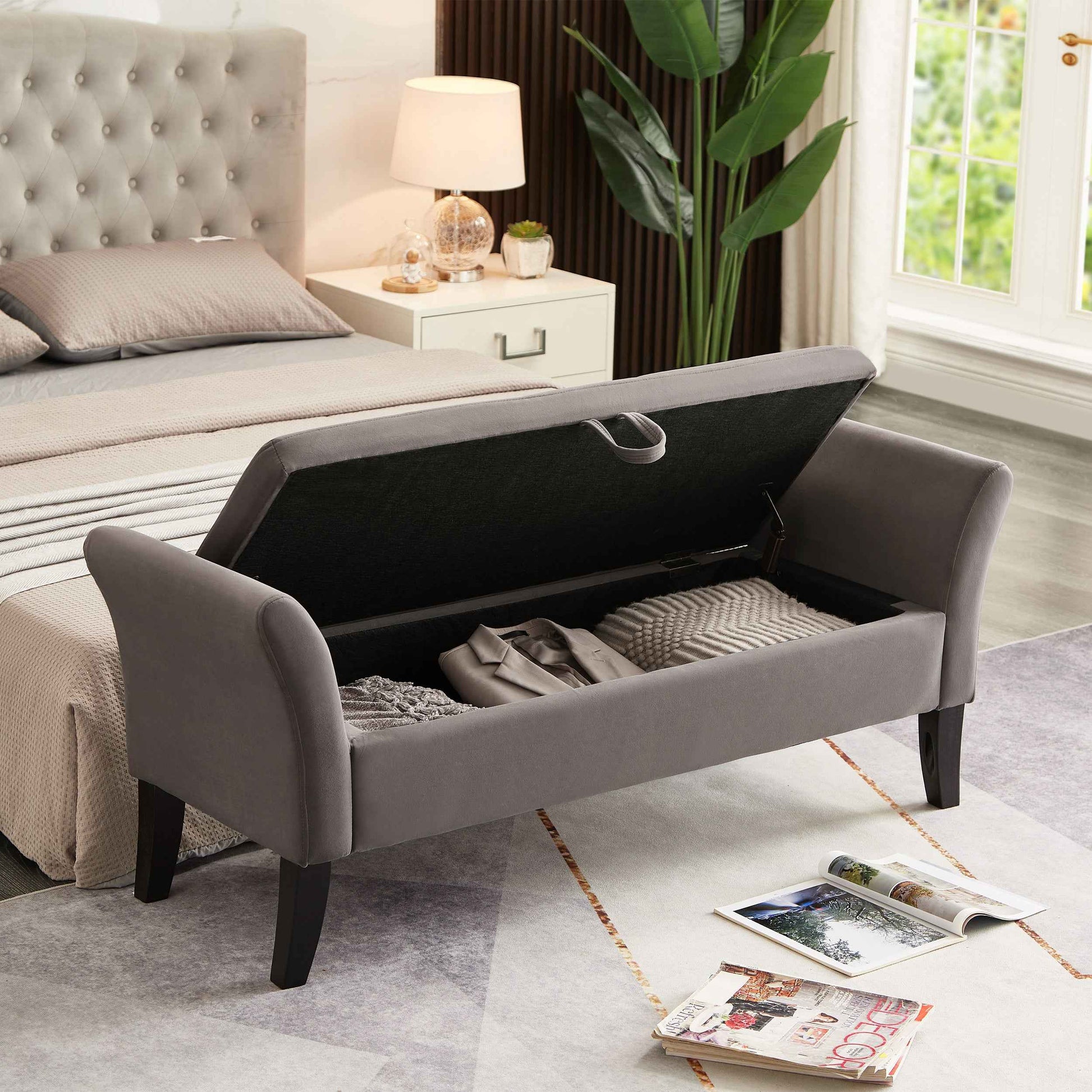 Elegant Grey Velvet Upholstered Storage Bench