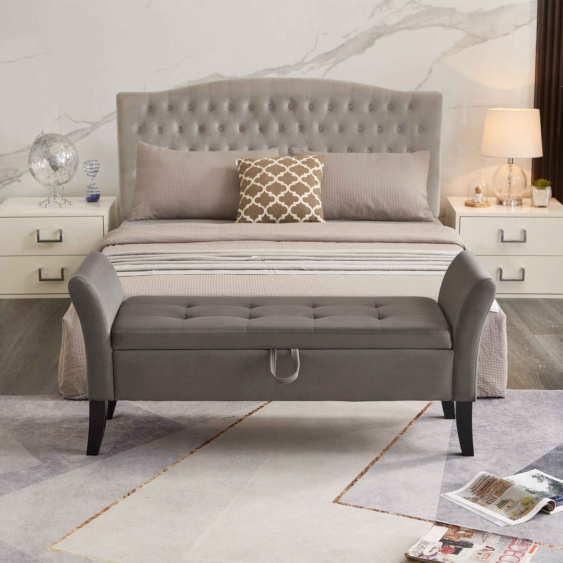 Elegant Grey Velvet Upholstered Storage Bench