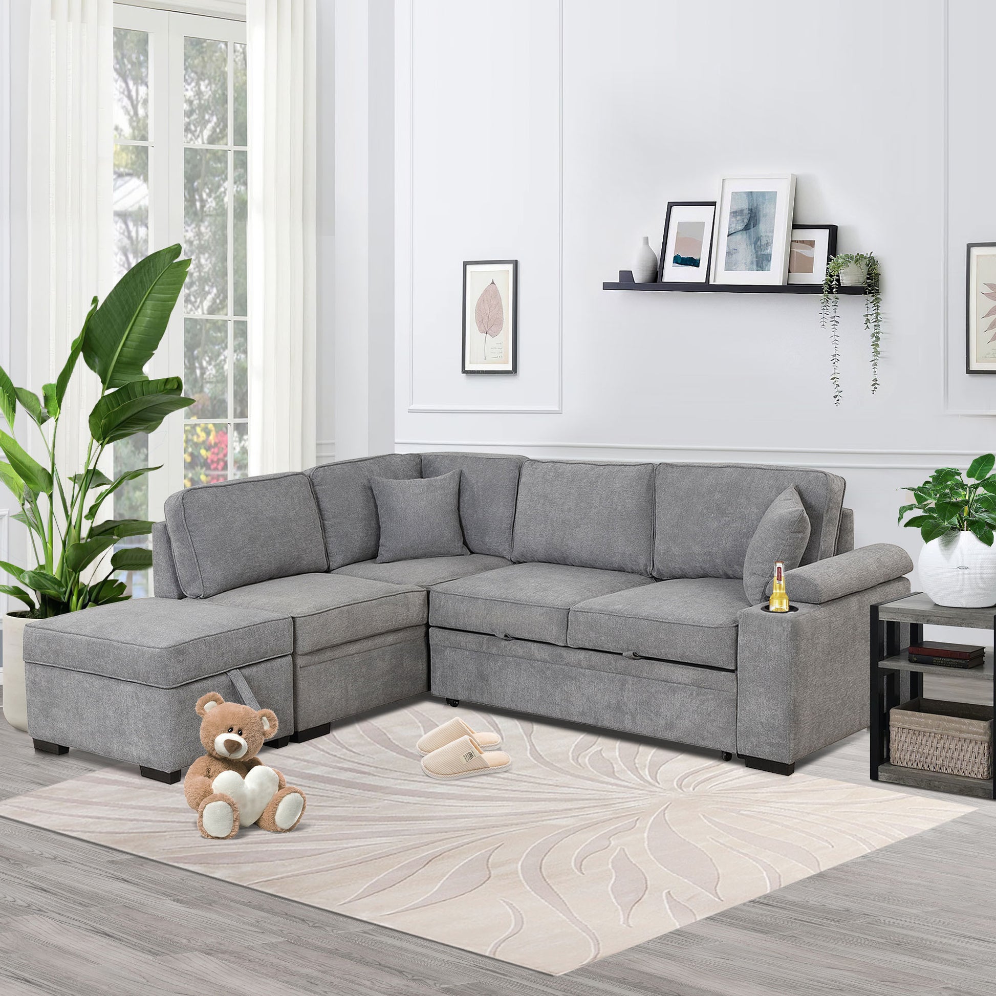 Elegant L-Shaped Sectional Sofa with Storage Ottoman USA