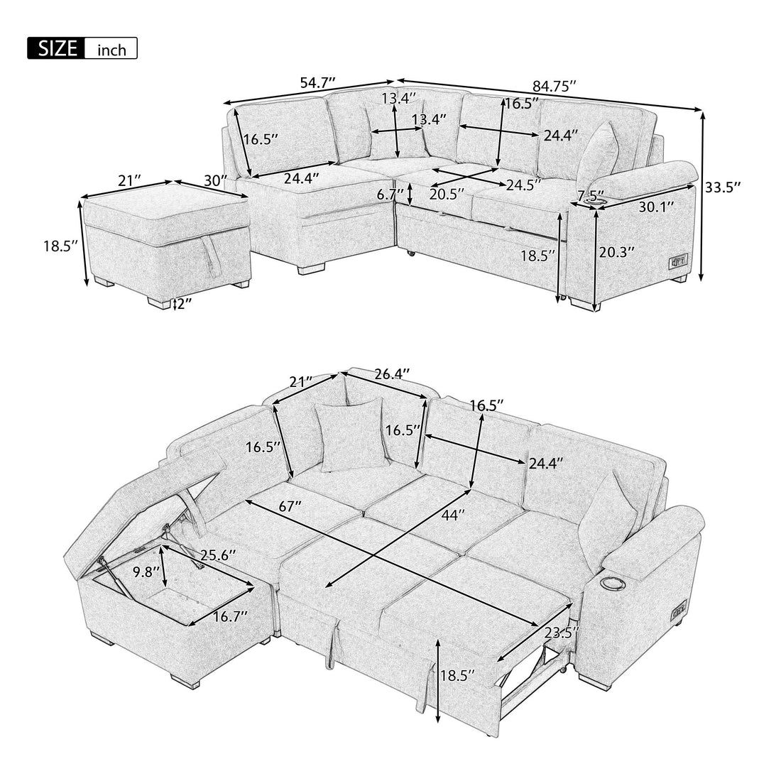 Elegant L-Shaped Sectional Sofa with Storage Ottoman USA