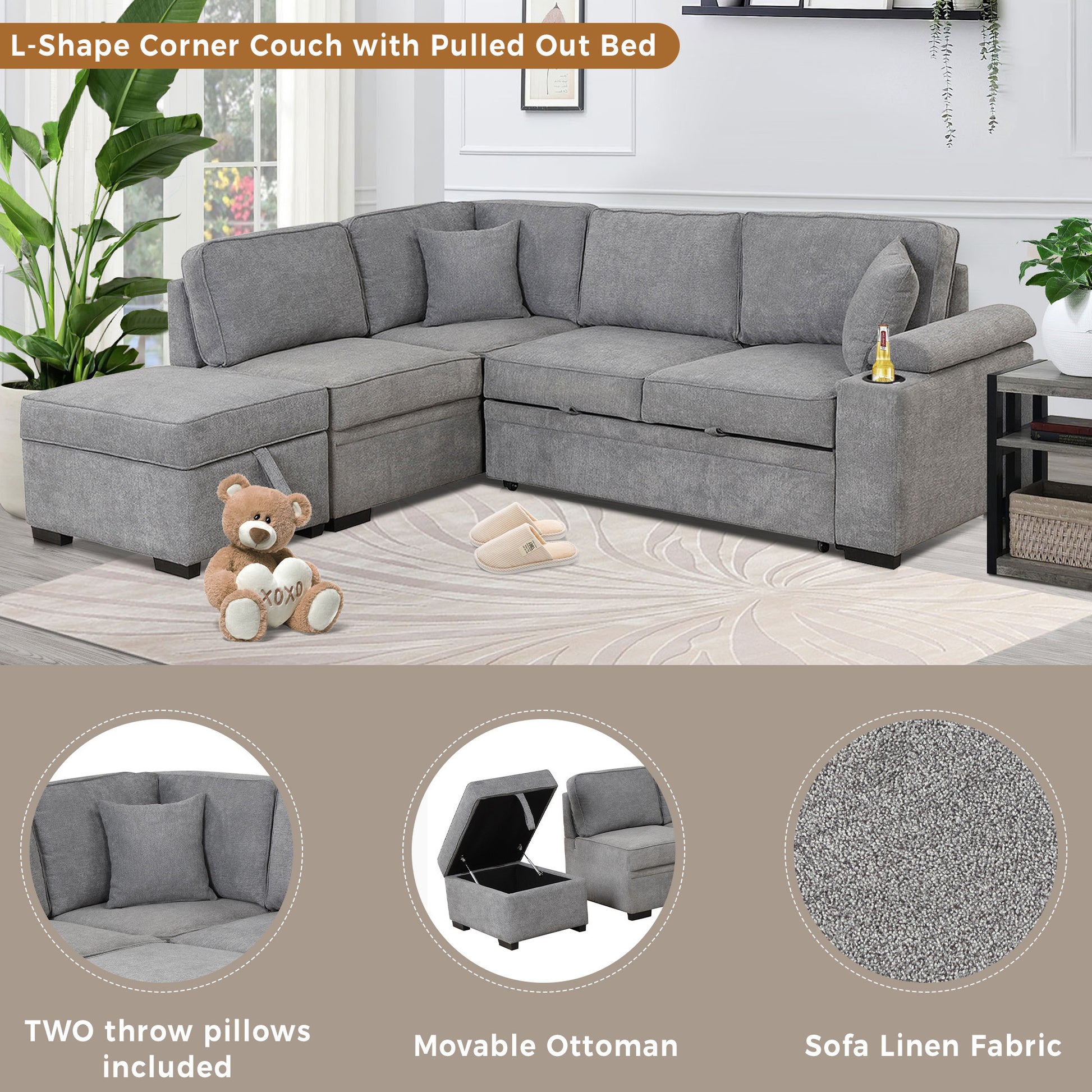 Elegant L-Shaped Sectional Sofa with Storage Ottoman USA